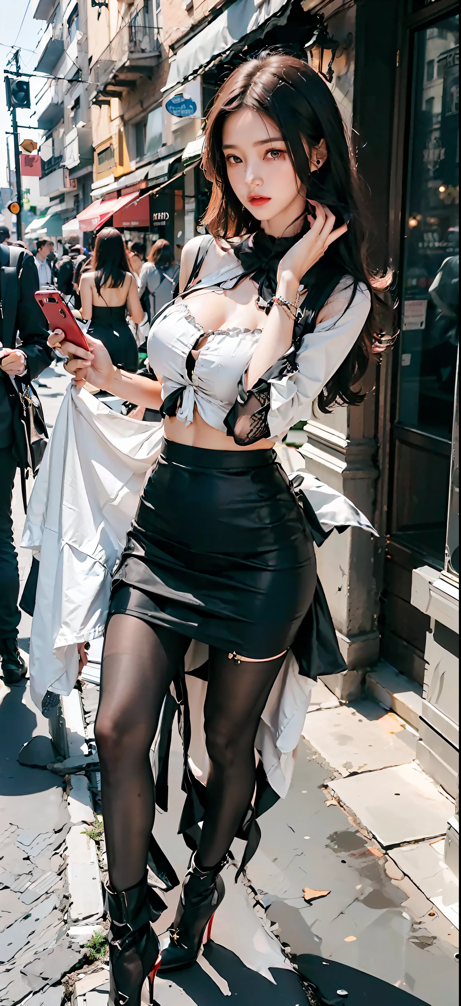 Best quality, high resolution, realistic rich details, beautiful woman, fiddling with mobile phone in the middle of the street, (big bust 1.5) (tight hip skirt 1.5) (tight hip skirt 1.5) (black silk slender legs 1.5) (black silk slender legs 1.5) (red high heels 1.5)
