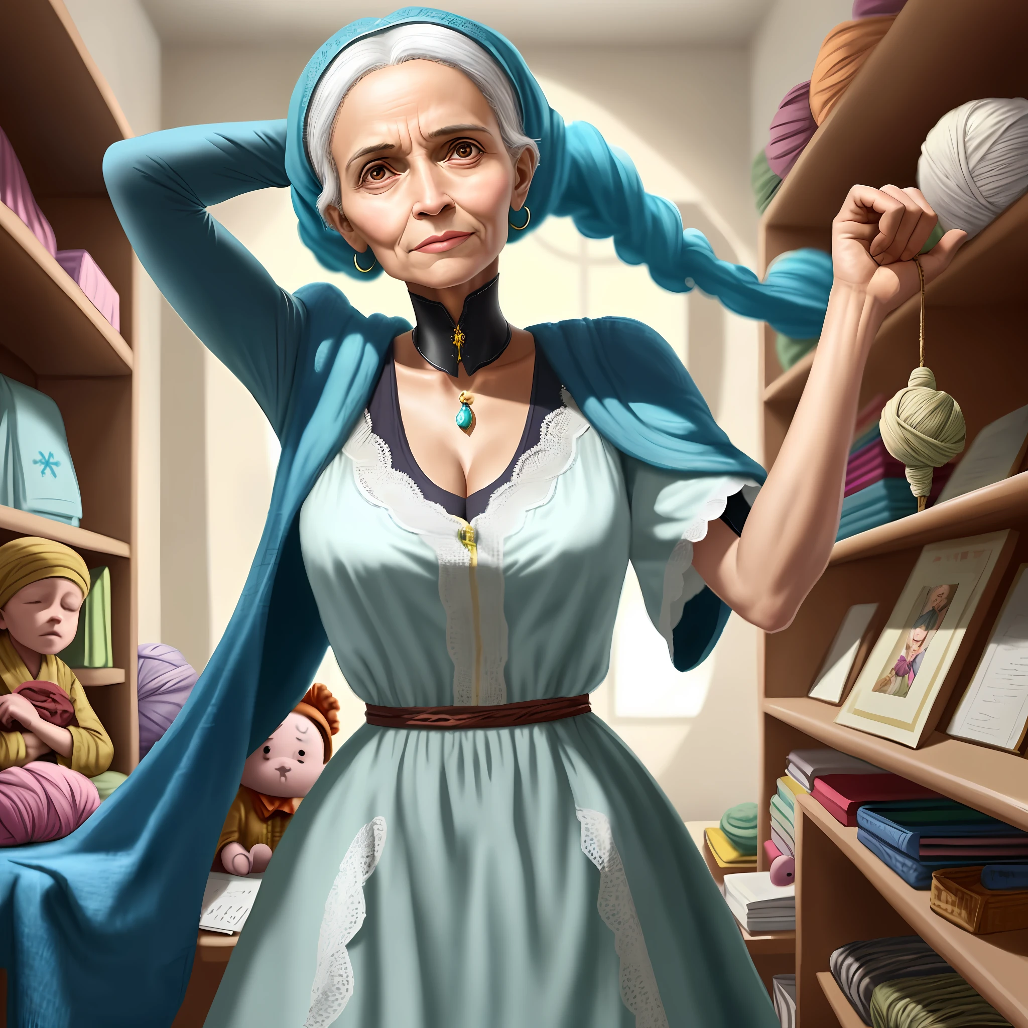 Use artificial intelligence to create an engaging image based on the story of Zezé, the extraordinary grandmother. Draw Zezé as a skilled and caring woman, surrounded by a charming knitting corner, where she makes beautiful clothes and blankets for the children of the community. As you unfold the mysterious thread plot, portray the suspenseful encounter with a creepy bogeyman, racing Zeze's heart. The illustration should convey warmth, creativity and an exciting sense of anticipation, highlighting Zeze's dedication and the challenge she faces. Use vivid colors and expressive details to make the scene more realistic and captivating.
