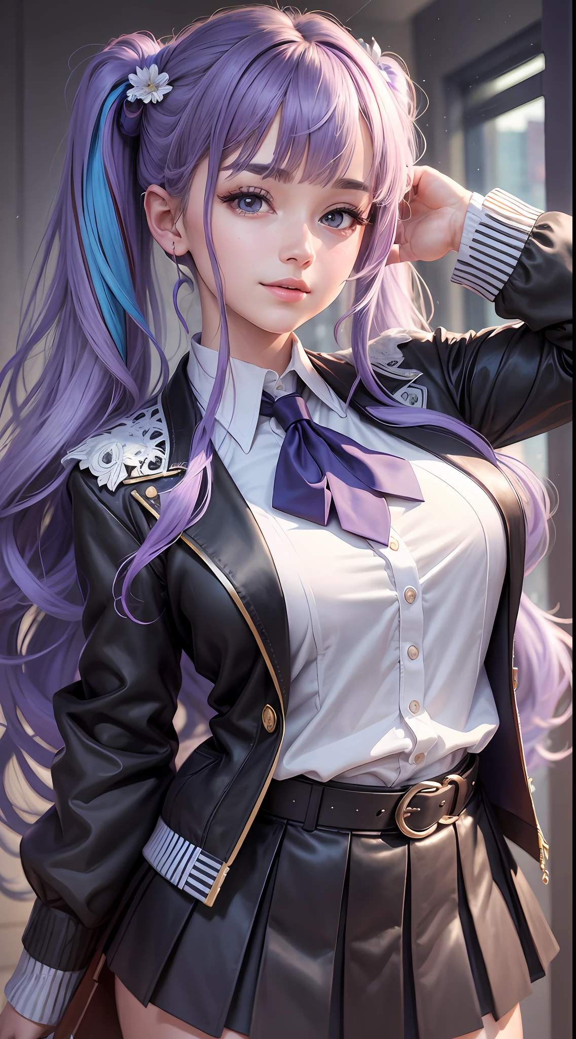 best quality ,(masterpiece:1.4), very delicate and beautiful, very detailed, CG, unity, 8k wallpaper, Amazing, finely detail, best quality, official art, extremely detailed CG unity 8k wallpaper,absurdres, incredibly absurdres, huge filesize, super detailed, high resolution, very detailed, beautiful detailed girl, very detailed face, beautiful detailed eyes, light on face, looking at the audience, close your mouth, light smile, (realistic, realistic:1.37), super detailed, (realism: 1.4), (full body: 1.2), 1girl, single bangs, belt, black jacket, black skirt, blue tie, blush, chest, collared shirt, formal wear, halo, ID card, jacket, Long hair, long sleeves, medium chest, multicolored jacket, tie, off-the-shoulder, cardigan, open coat, split bangs, pleated skirt, purple eyes, purple hair, shirt, simple background, skirt, light smile, shut up, sides up, white belt, white jacket, white shirt, yuuka \(blue archive\), masterpiece, highres, (best quality:1.2), twintails, long hair, aged down, thighs,