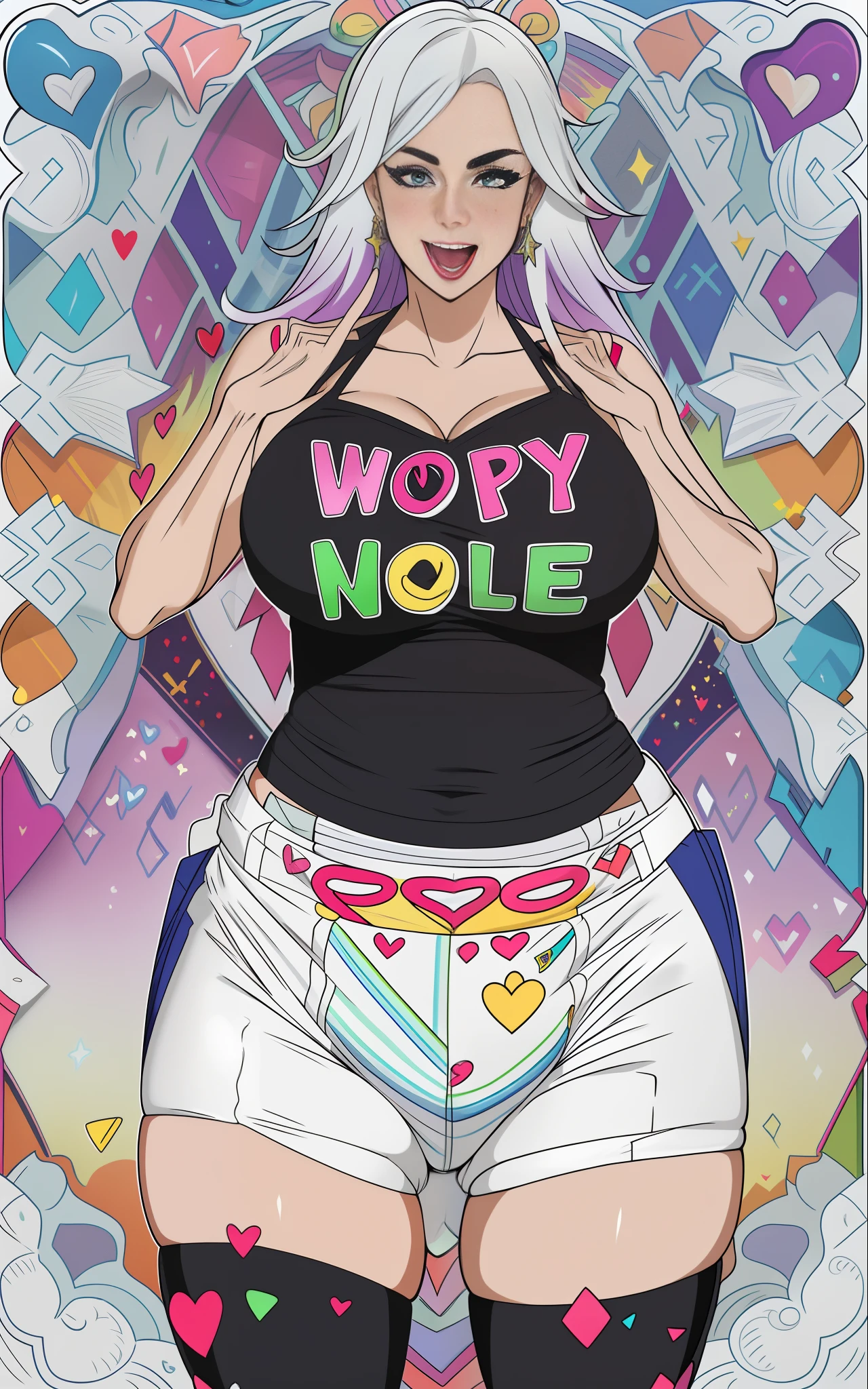 Sexy busty woman wearing (thick diaper) magical, colorful, detailed, surprised, happpy, large breasts, wide hips, casting love spell, seductive, ((mommydom)), bokeh, (spandex)