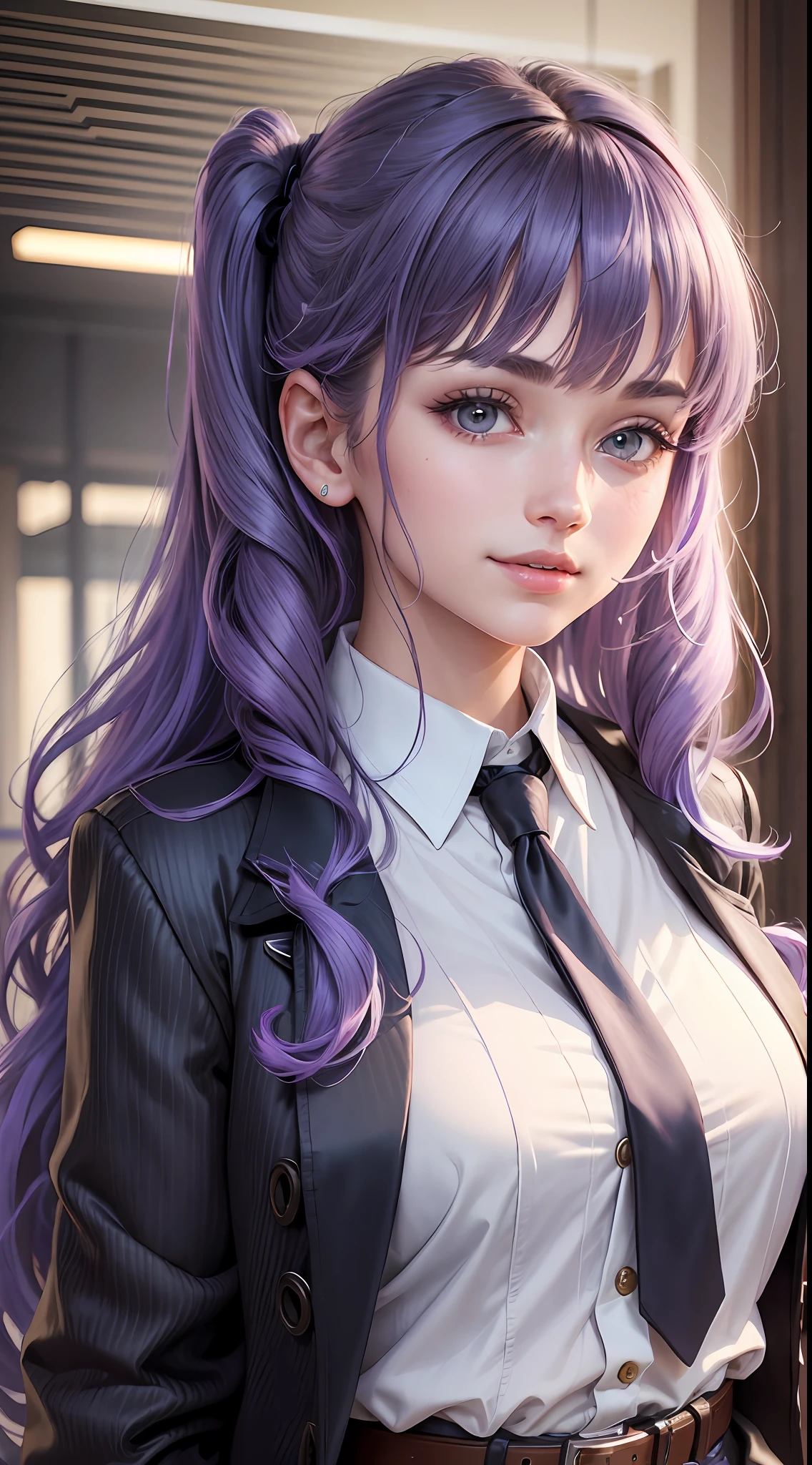 best quality ,(masterpiece:1.4), very delicate and beautiful, very detailed, CG, unity, 8k wallpaper, Amazing, finely detail, best quality, official art, extremely detailed CG unity 8k wallpaper,absurdres, incredibly absurdres, huge filesize, super detailed, high resolution, very detailed, beautiful detailed girl, very detailed face, beautiful detailed eyes, light on face, looking at the audience, close your mouth, light smile, (realistic, realistic:1.37), super detailed, (realism: 1.4), (full body: 1.2), 1girl, single bangs, belt, black jacket, black skirt, blue tie, blush, chest, collared shirt, formal wear, halo, ID card, jacket, Long hair, long sleeves, medium chest, multicolored jacket, tie, off-the-shoulder, cardigan, open coat, split bangs, pleated skirt, purple eyes, purple hair, shirt, simple background, skirt, light smile, shut up, sides up, white belt, white jacket, white shirt, yuuka \(blue archive\), masterpiece, highres, (best quality:1.2), twintails, long hair, aged down, thighs,