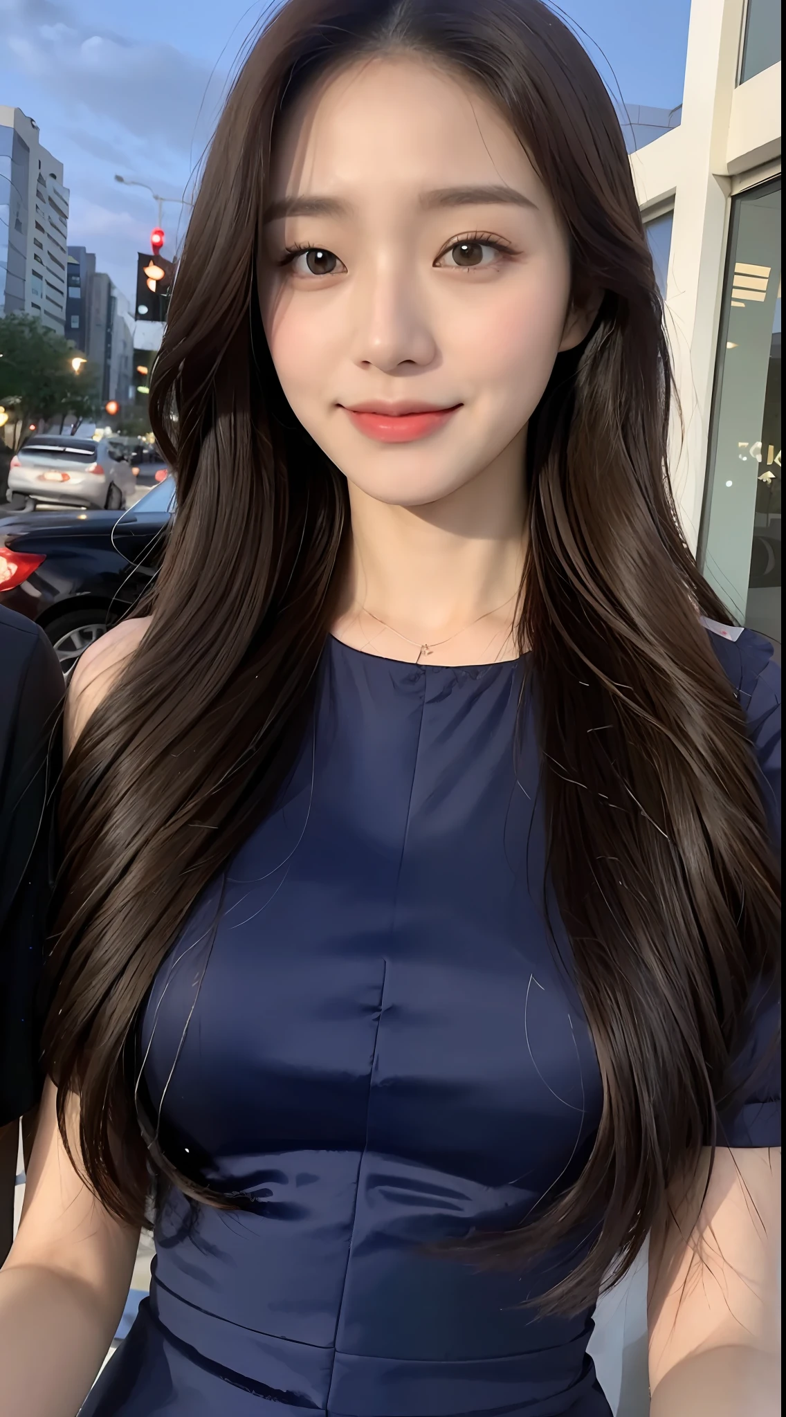 (1 cute Korean star), ((best quality, 8k, masterpiece: 1.3)), focus: 1.2, perfect body beauty: 1.4 , (smile), (night, street: 1.3), highly detailed face and skin texture, fine eyes, double eyelids, whitened skin, (big wave hairstyle: 1.3), (round face: 1.5), (dress: 1.4),