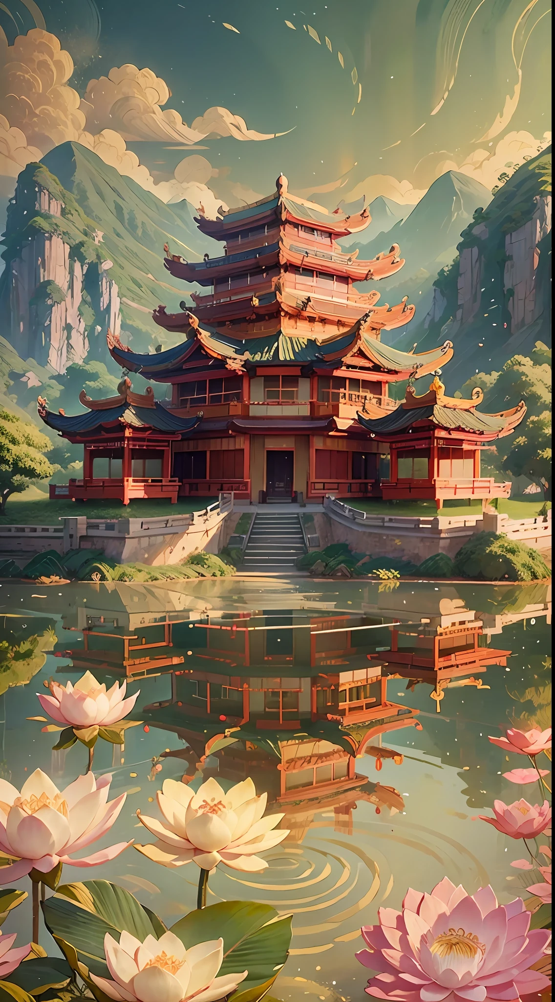 Zongzi rowing dragon boat on the water, Qingtuan on the shore, the whole picture runs through the landscape, the close-up pavilions echo the scenery, the blooming lotus flowers on the water, poster background picture, three-dimensional map, atmospheric penetration