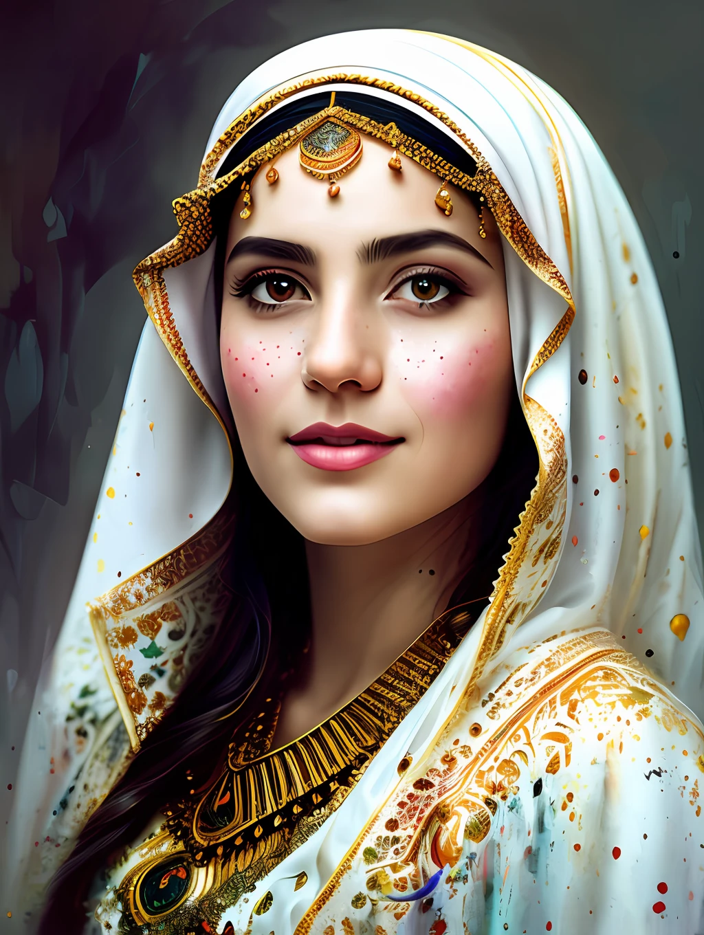 A young Arabic ethnic traditional dancer, detailed and sharp focus on her face, ultra details, hi-res, portrait by Willem Haenraets, watercolor, wet on wet and splattering techniques, centered, perfect composition, abstraction, surrealism, trending on artstation, sharp focus, studio photo, intricate details, highly detailed, by Greg Rutkowski