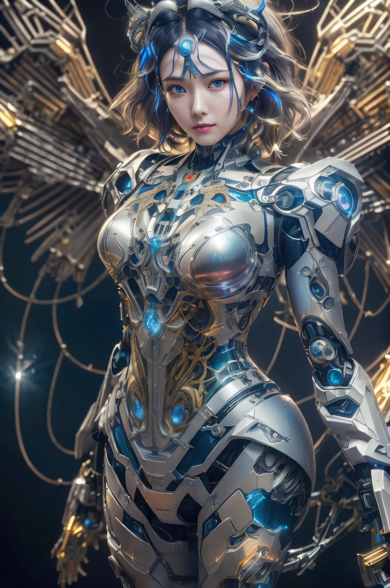 Masterpiece, best quality, super detailed, very detailed illustrations, very detailed, intricate details, high resolution, super complex details, very detailed 8k cg wallpaper, 50MM lens, caustics, reflections, ray tracing, nebulae, dark halos, network effects, (1girl:1.4), solo, alone, mecha musume, mechanical parts, robot joints, single mechanical arm, headgear, mechanical halo, star halo, electric mechanical bodysuit, mecha corset, kimono, full armor, very long hair, white hair, hair between eyes, multicolored hair, blue eyes, glowing eyes, random expression, random action, ancient chinese architecture, starry sky, skyline,