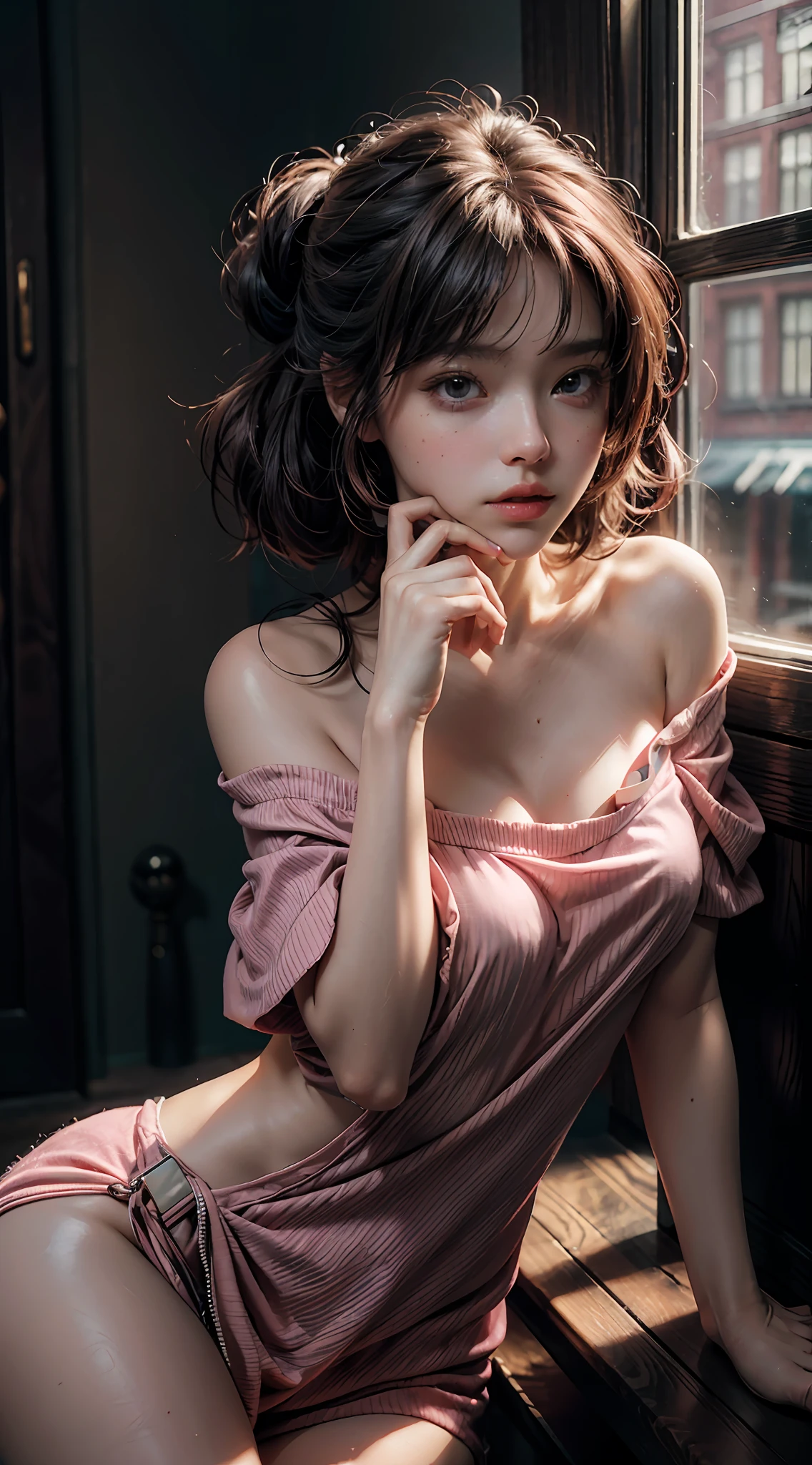 Best Quality, Masterpiece, Ultra High Resolution, (Realisticity: 1.4), Original Photo, 1girl, Pink Off-the-Shoulder, Cinematic Lighting