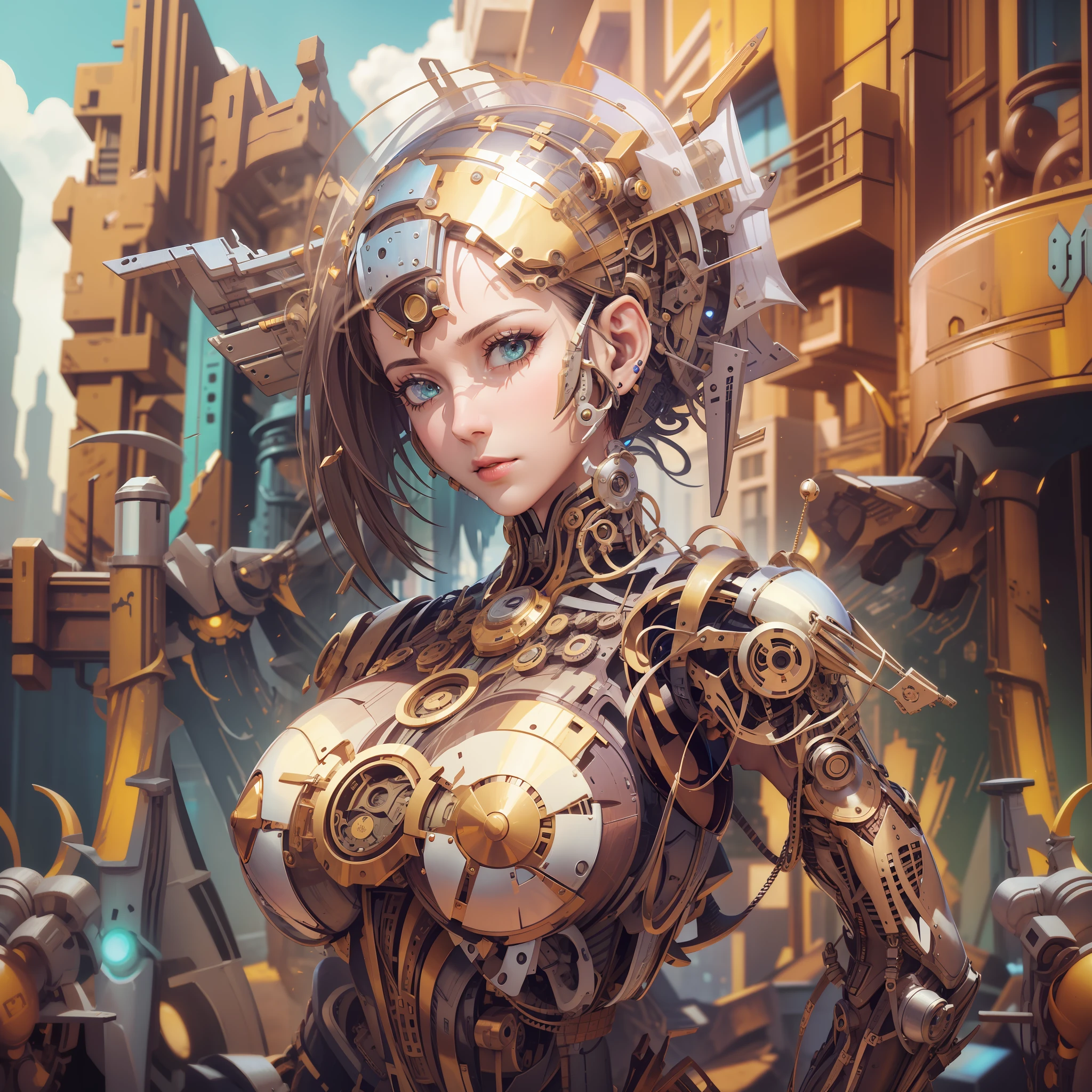 woman, sexy, short black hair, sexy pose, half robot, android, (Masterpiece, Superior Quality, Best, Official Art, Beautiful and Aesthetic, Long Exposure: 1.2), Front Portrait, Charming Patterns, Scenery destroyed buildings, chaotic, steampunk, cyberpunk, destroyed cars, detailed environment, blue fire, cybernetic details, ultra detailed, realistic, best quality, cybernetic wing made of robotic parts