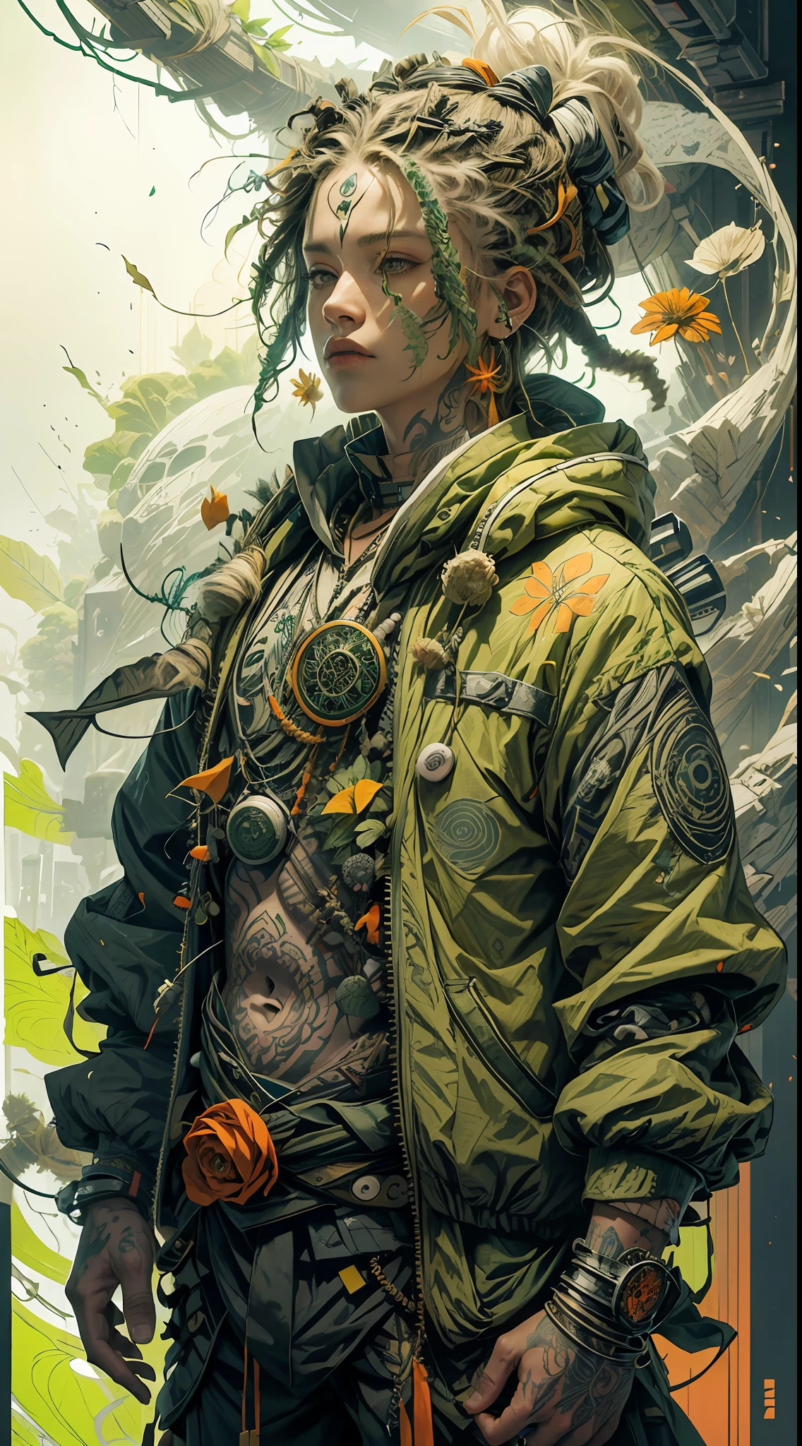 green:1.5, orange:1.1, white:1.3, yellow:1.3, (rapper with dread hair),tattoos, (power puffer clothes:1.2),fractals,flowers,leaves,fog,lines,circles background
