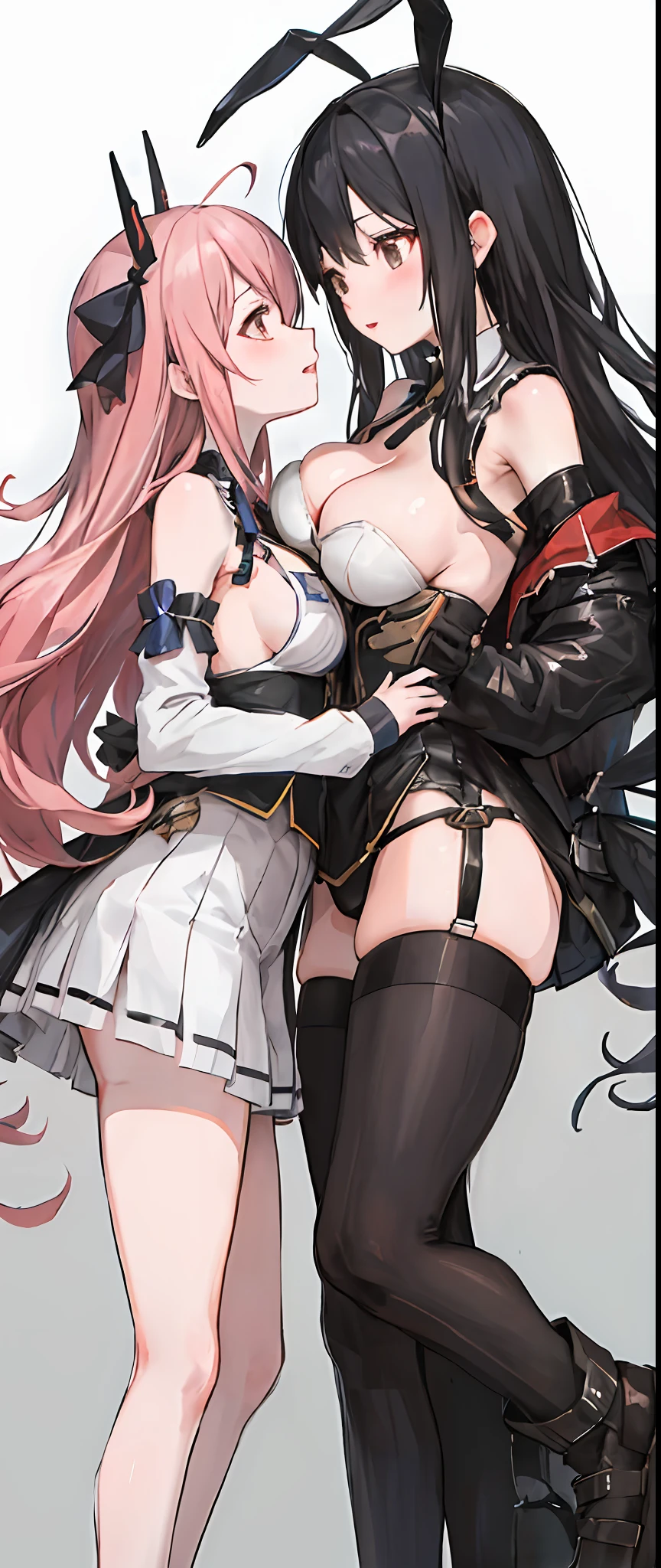 two anime cartoon characters are kissing one with long breasts and one with short ones, breasts, multiple girls, girls, breast press, symmetrical docking, black hair, large breasts, blush, long hair