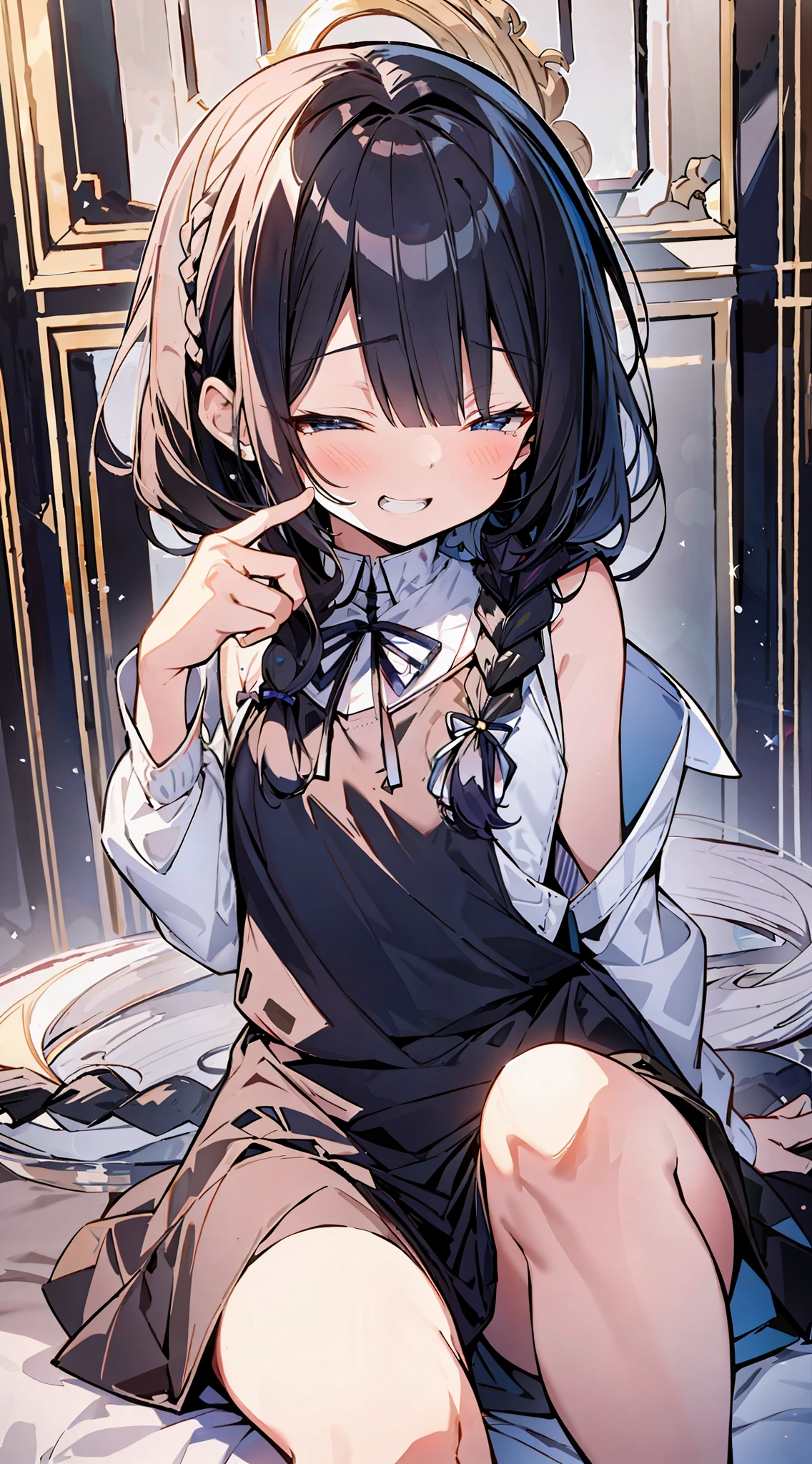anime girl sitting on bed with a plate of food in her hand, anime moe artstyle, kantai collection style, anime visual of a cute girl, splash art anime loli, loli in dress, small curvy loli, from arknights, from the azur lane videogame, tsuaii, lolish, hanayamata, with index finger