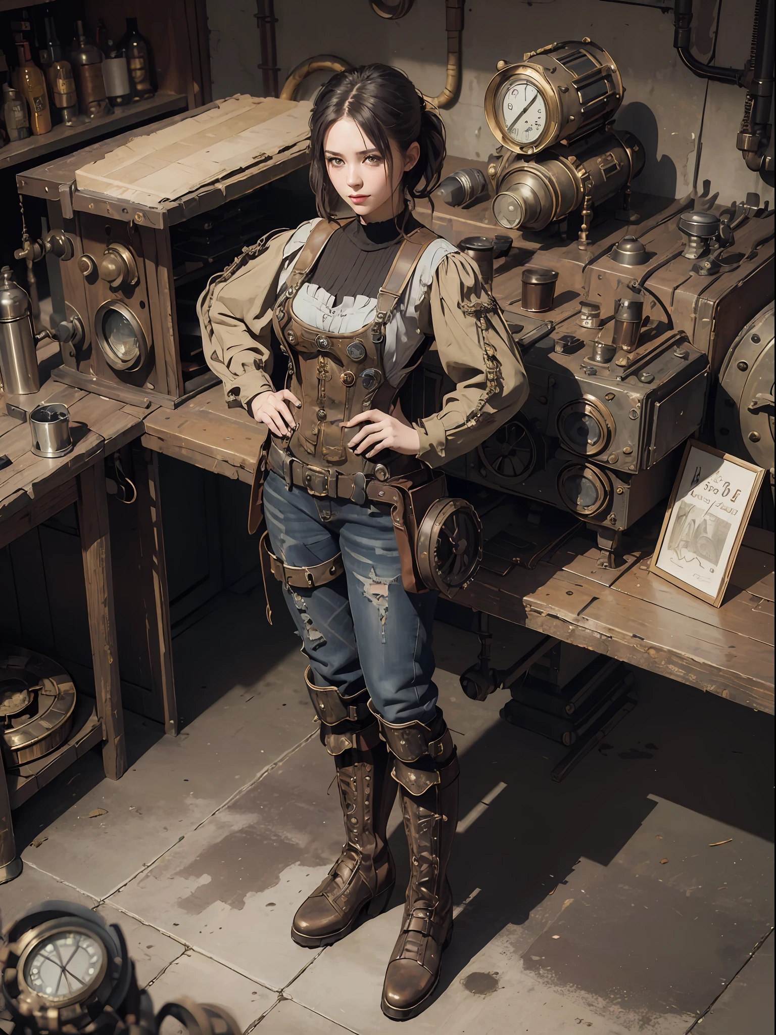(Best quality, 4k, Masterpiece :1.3), 1girl, (steampunk), scenery, from above, steampunk room engine, gears, cogs, steam, standing, boots, overalls, goggles, dirty face, hands on hips, standing, machinery, oil on floor, dirty floor
