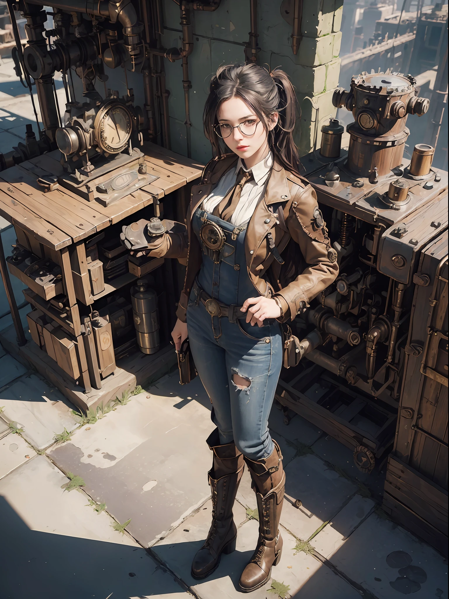 (Best quality, 4k, Masterpiece :1.3), 1girl, (steampunk), scenery, from above, steampunk room engine, gears, cogs, steam, standing, boots, overalls, goggles, dirty face, hands on hips, standing, machinery, oil on floor, dirty floor