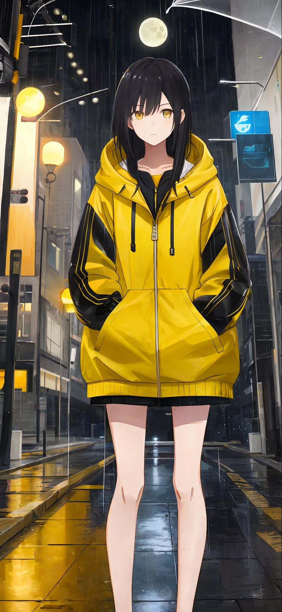 1girl, yellow jacket, it's raining, moon, street, outdoors, hoodie, open jacket, hand pocket, looking at another person, messy long hair, trends on artstation, 8k resolution, very detailed, anatomically correct, clear images, digital painting, concept art, trends on pixiv, Makoto Shinkai style,