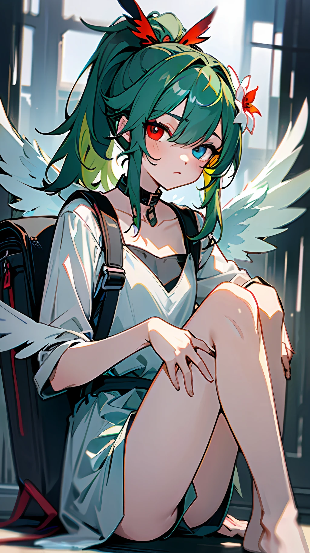 (8k, best quality, masterpiece: 1, 2), top quality, masterpiece, underwear without panties, glasses, green hair, long hair, bangs, big ponytail, heterochromia, blue pupil of left eye, red pupil of right eye, blue eye of left eye, red eye of right eye, angel wings, head ring, white head flower, casual wear, black backpack strap, neck strap, bare foot, bare foot, single foot, ankle ring, leg ring, flat chest, tomboy, exposed, edge rubbing, leaky flesh