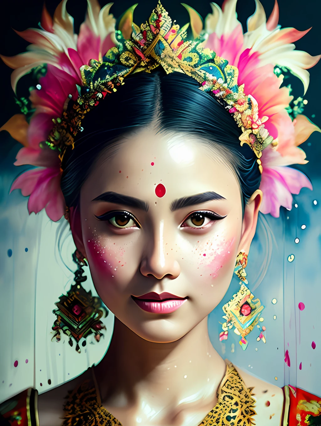 An exotic Balinese ethnic traditional dancer, detailed and sharp focus on her face, ultra details, hi-res, portrait by Willem Haenraets, watercolor, wet on wet and splattering techniques, centered, perfect composition, abstraction, surrealism, trending on artstation, sharp focus, studio photo, intricate details, highly detailed, by Greg Rutkowski