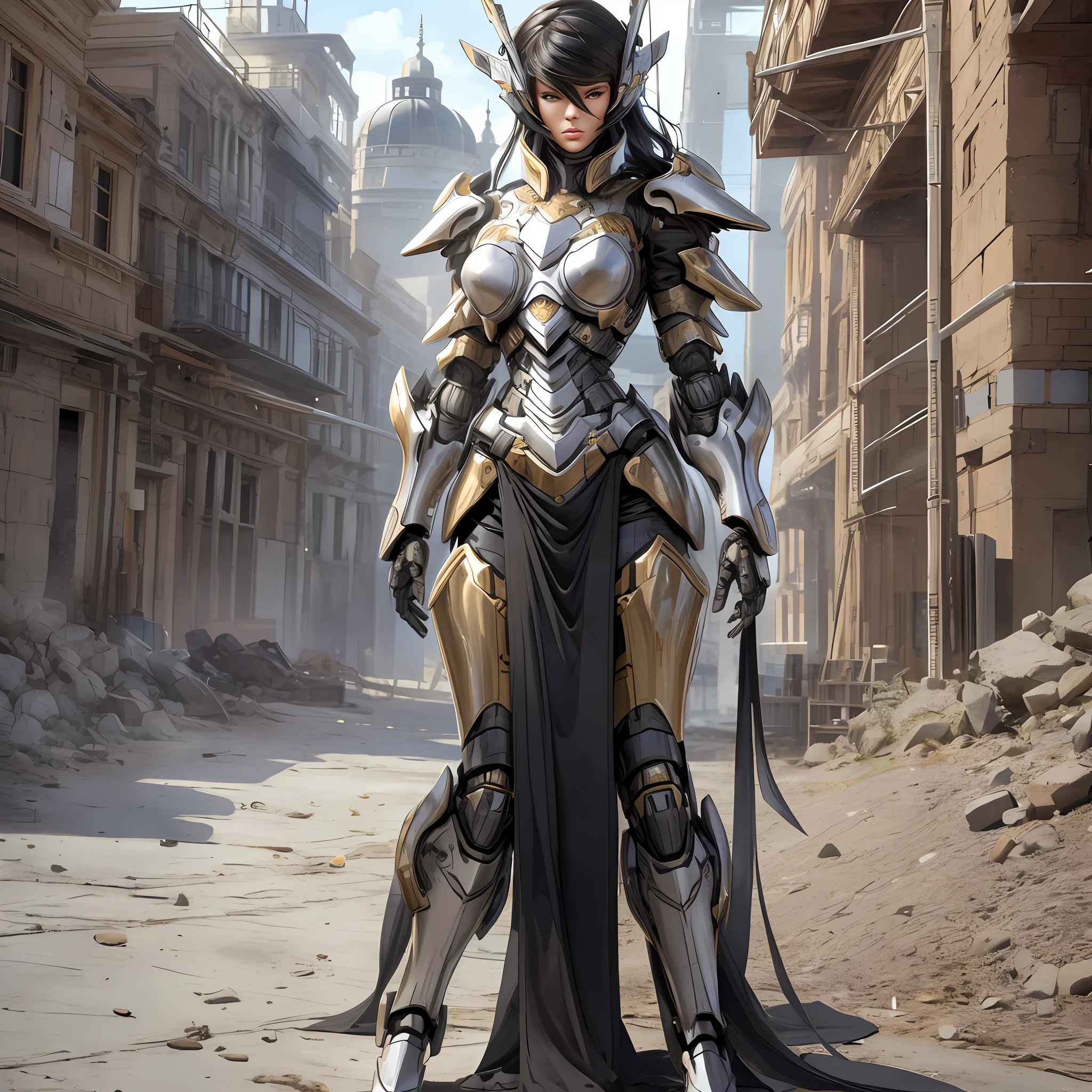 Beautiful tall woman with robotic armor with super realistic and well detailed black hair
