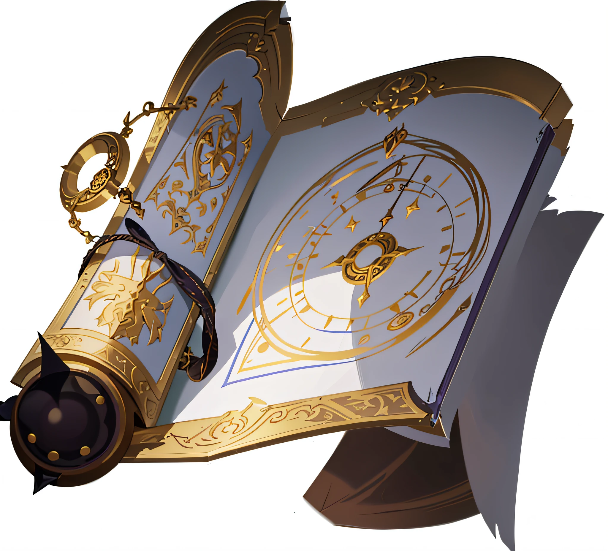 a close up of a scroll with a clock on it, league of legends inventory item, item art, scrolls, ability image, irelia, grimoire page, kda, onmyoji detailed art, discarded scrolls, grimoire, genshin impact character, fantasy game spell symbol, floating spellbook, league of legends arcane, leblanc