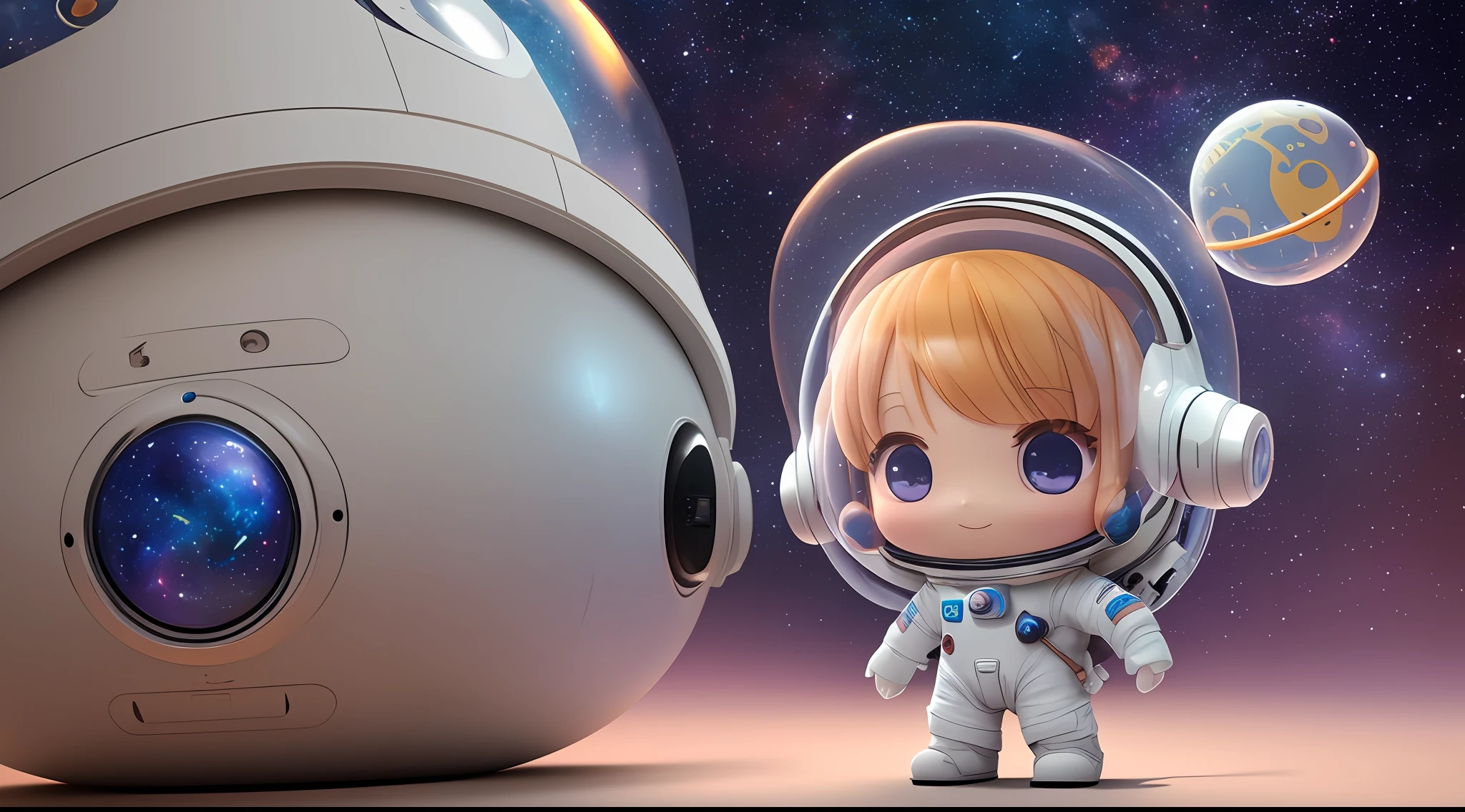 Super cute girl full body 3D picture, 1 pc, good looking eyes, big eyes, cute, happy, c4d, pop matt blind box, white long hair, glowing bubbles, toys, solid color background, chibi, fluorescent translucency, luminous body, kawaii, doll, (((astronaut, space cap, spacesuit))), reference table, pop mart blind box, Pixar, complex details, 3d rendering, blender, OC renderer, fol body reference sheet, Dribble, High Details, 8K, Studio Lighting, Loli, Petite, Child, Chibi, SD characters: 1.1, starry sky background --auto --s2