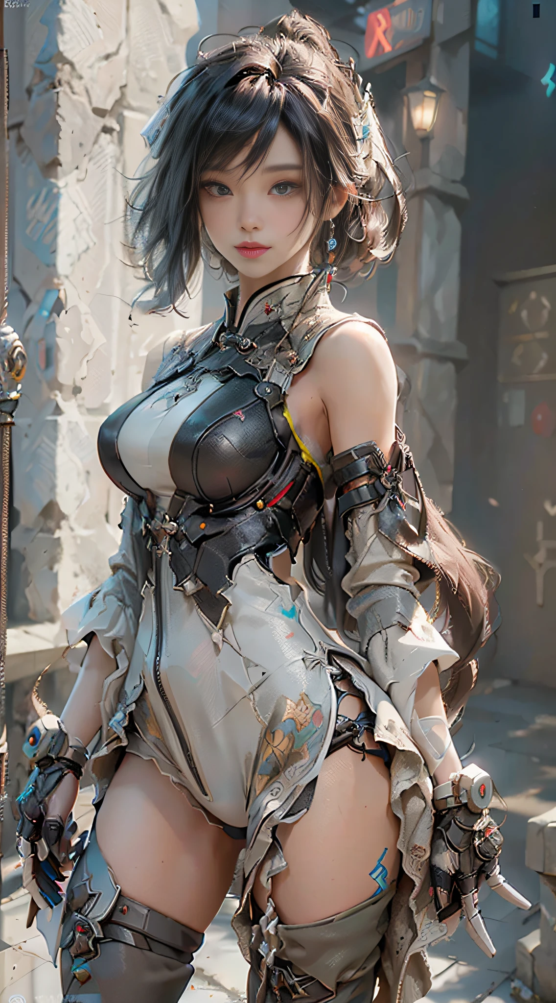 ((Best Quality)), ((Masterpiece)), (Detail: 1.4), 3D, A Beautiful Cyberpunk Female Figure, HDR (High Dynamic Range), Ancient Chinese Costumes, Satin, Ray Tracing, NVIDIA RTX, Super-Resolution, Unreal 5, Subsurface Scattering, PBR Textures, Post-processing, Anisotropic Filtering, Depth of Field, Maximum Sharpness and Clarity, Multi-layer Textures, Albedo and Highlight Maps, Surface Shading, Precise simulation of light-material interactions, perfect proportions, Octane Render, bi-color light, large aperture, low ISO, white balance, rule of thirds, 8K RAW, finger detailing, refined facial features, focus on the face