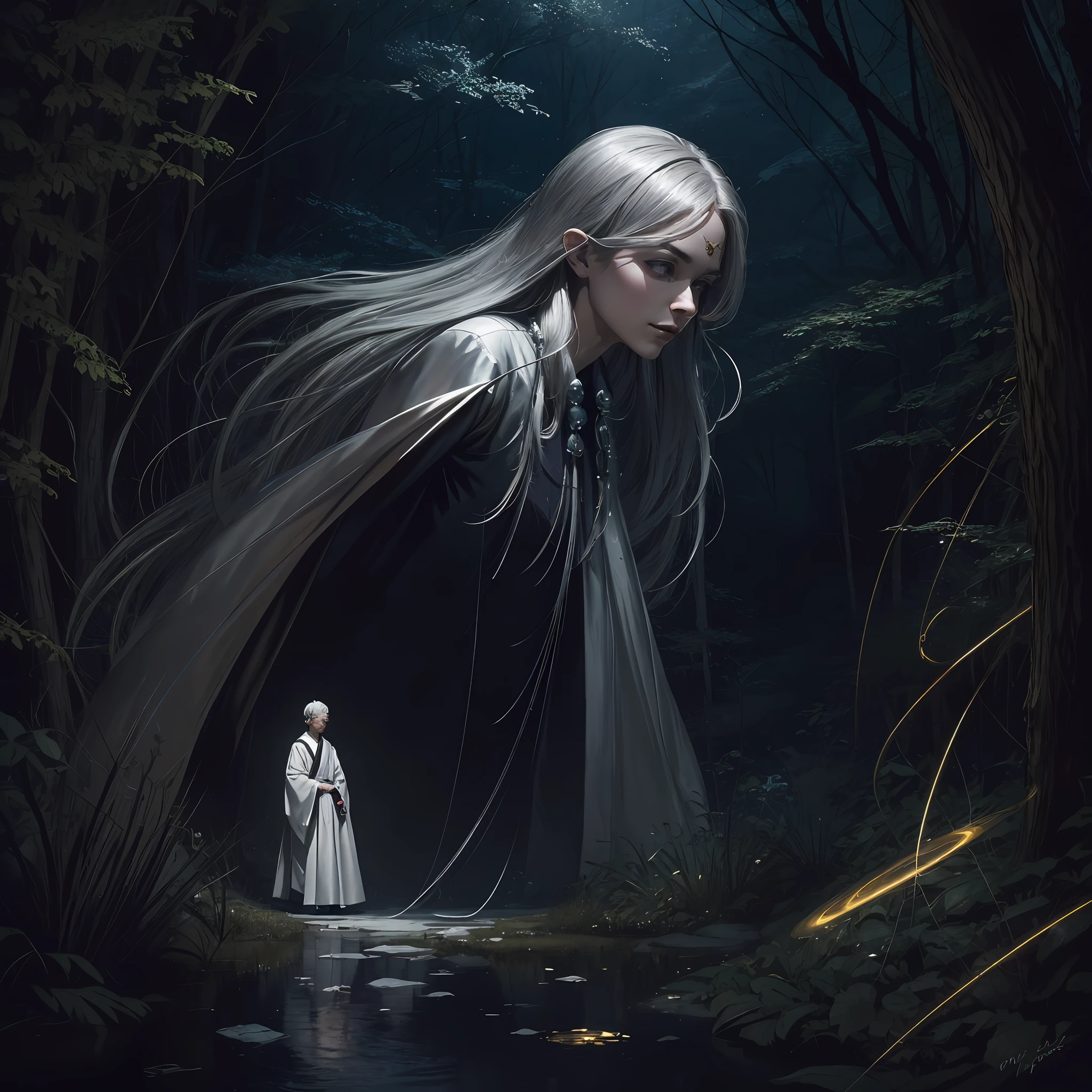 Masterpiece, best quality, MTSpider V4, (((1 young innocent boy)), HDR, very detailed eyes and face, goth, solo, white skin, long hair, beads, japanese clothes, white kimono, silk, stone, forest, northern lights, spider silk, (glowing metal objects hovering in the air and encircling him: 1.2), (arcs and sparks: 1.2), (energy flow: 1.2), (translucent magnetic field lines: 1.2), (gold, silver gray and shimmering light effects: 1.2), horror art, fear, unified 8k wallpapers, ultra-detailed, beautiful and aesthetic, masterpiece, the best quality, deep and rich black shadows, mother earth, smiles, enchanting whimsical fantasy forest background, happiness, enchanting atmosphere, very detailed, dynamic angles, cowboyshot, most beautiful chaotic forms, elegance, fauvist design, bright colors, romanticism, by James Jean, Robbie Devi Antonio, Ross Tran, Francis Bacon, Michal Mlaz, Adrian Ganey, Petra Corright, Gerhard Richter, Takashi Yamamoto, Ashley Wood, Atmospheric