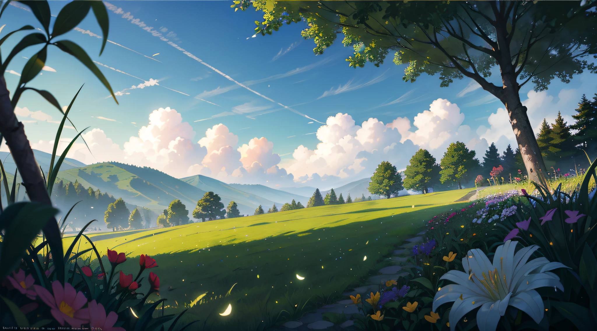 Wallpaper, grass, flower beds, paths, morning sun, clouds, sun, sky, warm weather, HD detail, wet watermark, hyperdetail, film, surrealism, soft light, deep field focus bokeh, ray tracing, diffuse (ultra-fine glass reflections) and surrealism. --v6