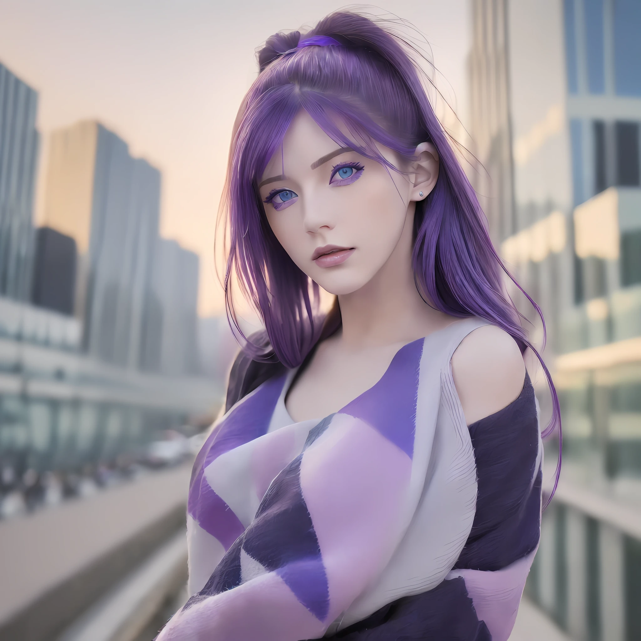 Woman ((beautiful)) ((posing for the viewer)) ((tattooed)) ((purple hair)) (((Caucasian)) ((blue eyes)) ((in the city)) (((very detailed)) ((well detailed)) ((high resolution)) ((good quality)) ((Full HD)) ((sharp image)) ((details on skin)) ((detailed eye)) ((detailed hair)) ((detailed face))