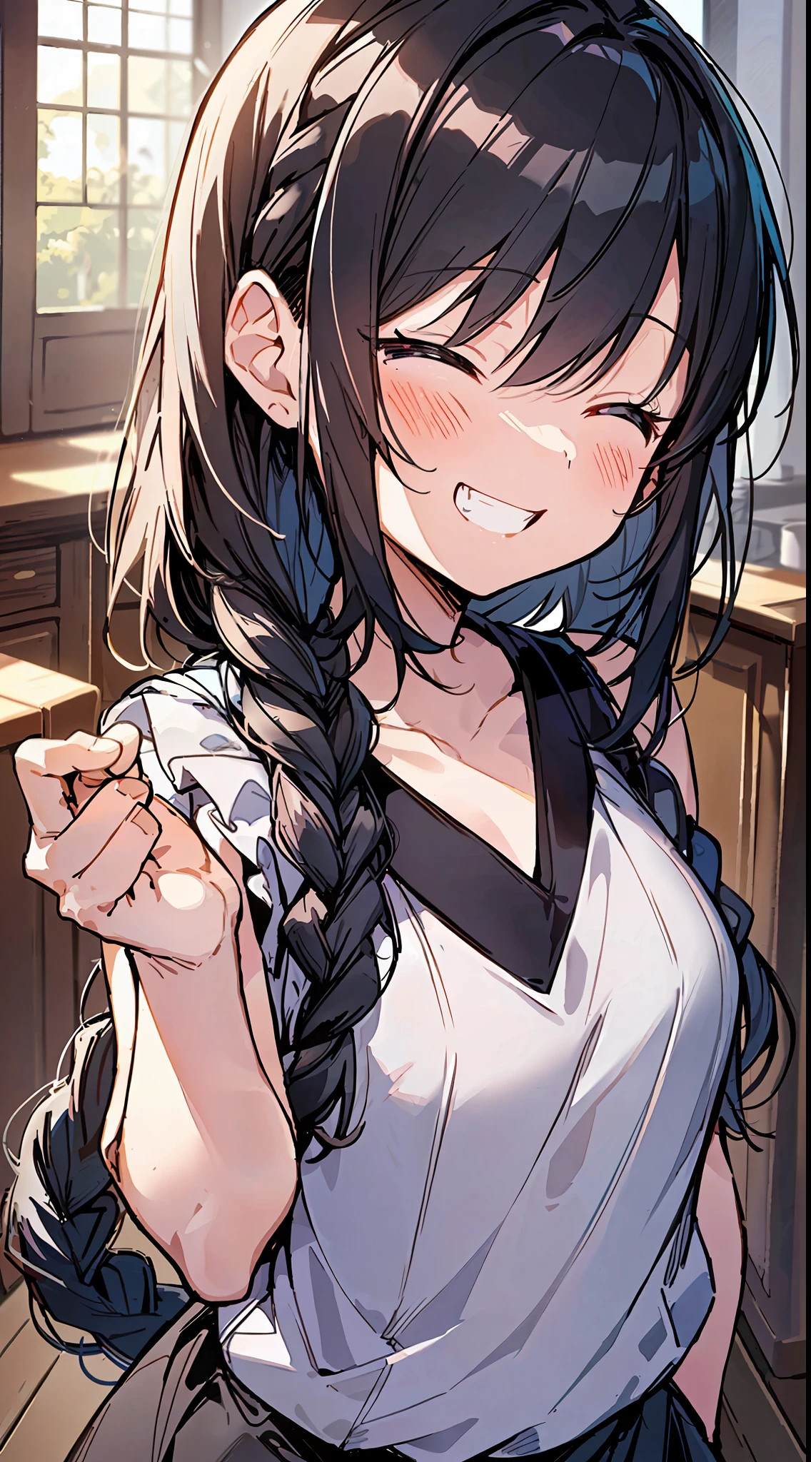 Top Quality, Best Masterpiece, Ultra High Definition, 8K, White Sweater Vest, Anime Style Little Loli, Single, Ultra Detailed Line Art, Digital Enhancement, Anime Core, Flowing Fabric, Close Up, ((Hair length to shoulder and short braid)), staring at us from the front, Soft drawing, Beautiful black hair, (((Little girl in anime style)), Crisp eyes, grin, teeth, wide mouth, closed eyes, highfive, ultra-detailed digital anime art, clear face depictions, ultra-detailed anime character art, ultra-detailed manga style, top quality colors, hand gestures, foot-up angles, indoors