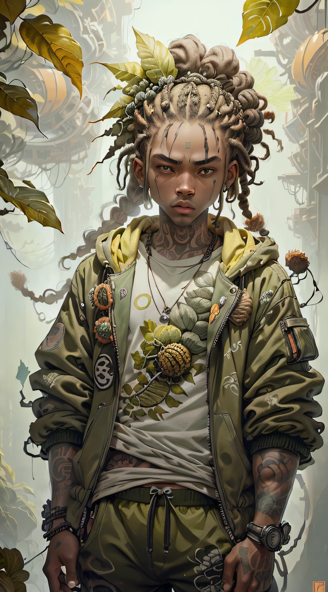 green:1.5, orange:1.1, white:1.3, yellow:1.3, (rapper with dread hair),tattoos, (power puffer clothes:1.2),flowers,leaves,fog,lines,circles background