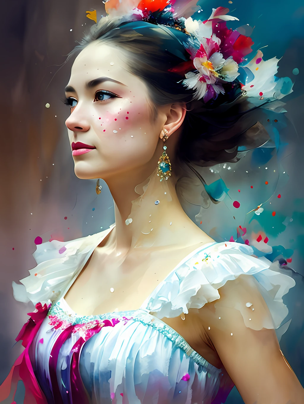 An exotic Can-can traditional dancer, detailed and sharp focus on her face, ultra details, hi-res, portrait by Willem Haenraets, watercolor, wet on wet and splattering techniques, centered, perfect composition, abstraction, surrealism, trending on artstation, sharp focus, studio photo, intricate details, highly detailed, by Greg Rutkowski
