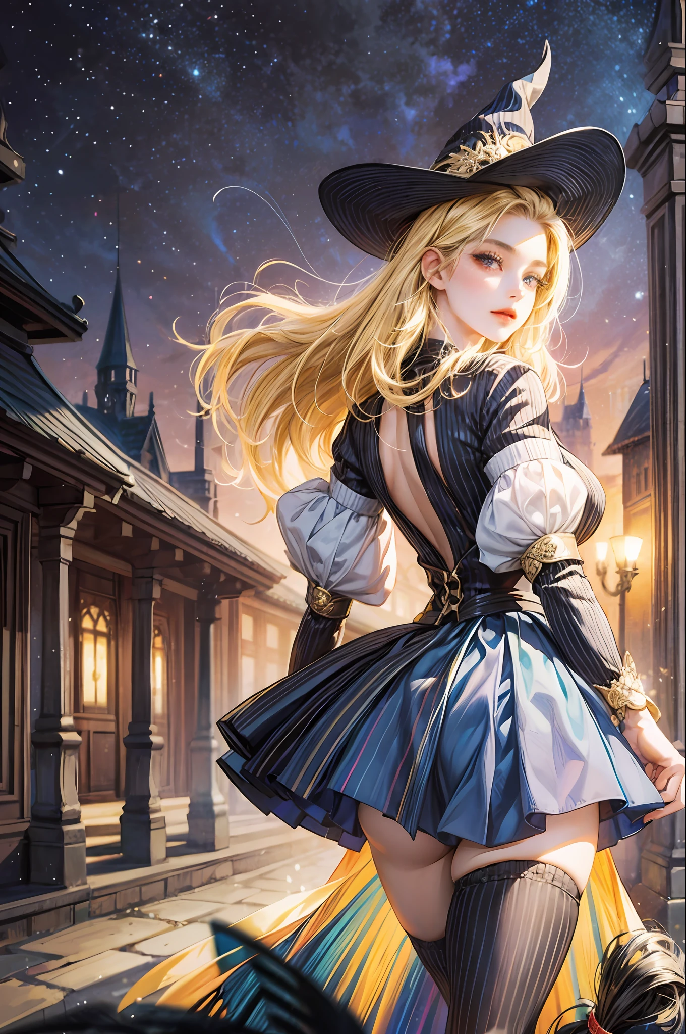 Girl walking away looking behind her, arm outstretched behind, beckoning, basic pose, pose dynamic pose, fantasy, gateway, blonde hair, black hair, striped hair, magical, witch, blue clothes, skirt, anime, --auto --s2