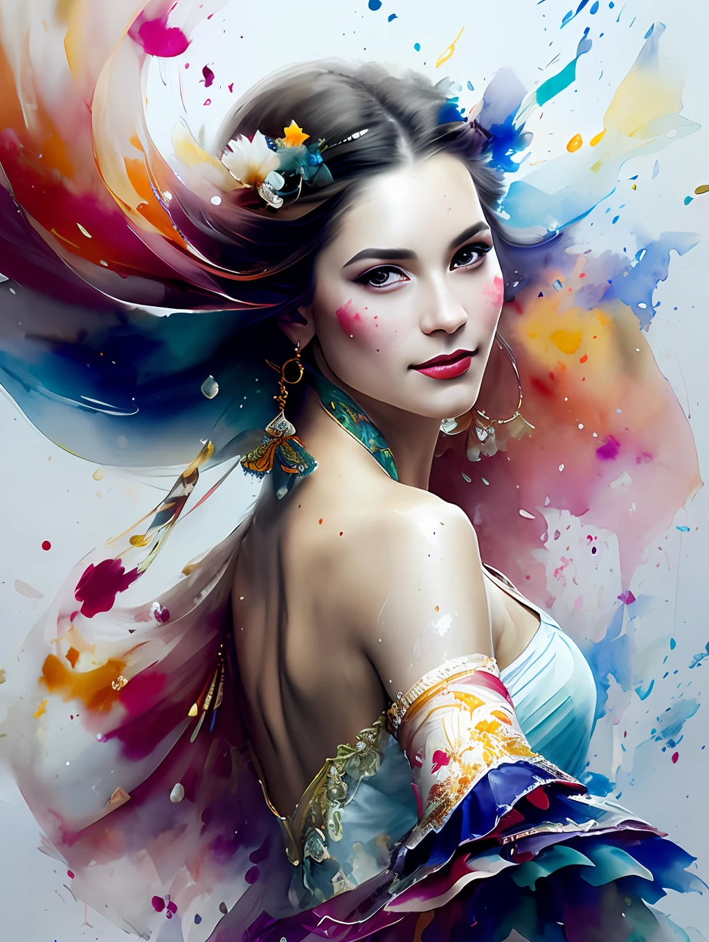 An exotic Can-can traditional dancer, detailed and sharp focus on her face, ultra details, hi-res, portrait by Willem Haenraets, watercolor, wet on wet and splattering techniques, centered, perfect composition, abstraction, surrealism, trending on artstation, sharp focus, studio photo, intricate details, highly detailed, by Greg Rutkowski