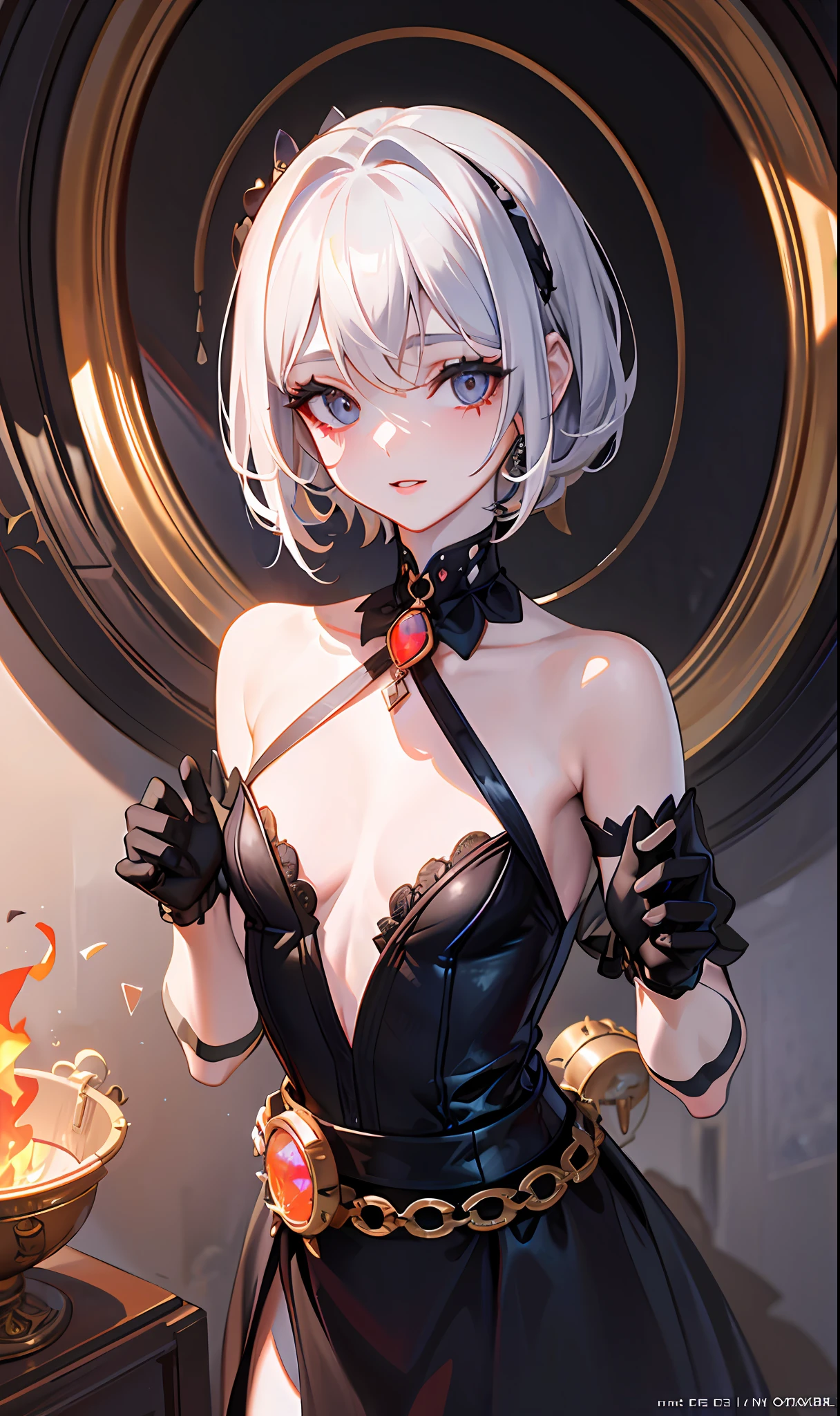 (Masterpiece, Sidelighting, Finely Detailed Beautiful Eyes: 1.2), (Masterpiece*Portrait), Portrait, (Bust), Realistic, 3D Face, Lusious Skin, ((Solo)), (Close-up of Face), (Only a Fire Opal-like Eye), (Girl with Only One Eye), Hanging Eye Corner, ((high detail skin, visible pores)), (perfect body), a beautiful steampunk girl, small breasts, ((gothic style dress)), (neck ring), (short gloves as short as half a palm)