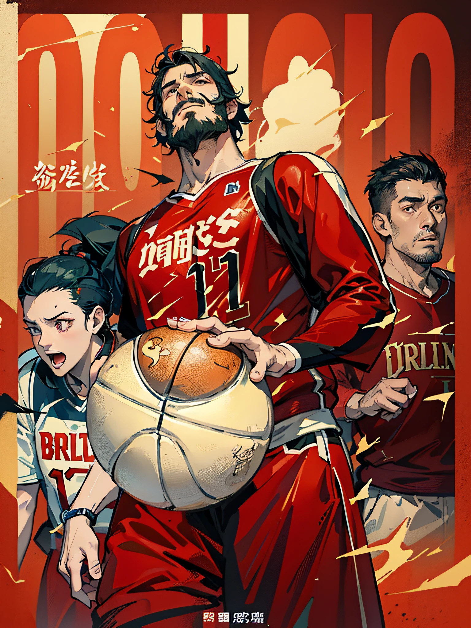 On the chest of the clothes is written Baixin tool stone text, red and orange color matching, gorgeous, colorful, basketball poster, wild painting style, rich color, strong style, illustration style, with copywriting, Baixin stone trust crisis copywriting