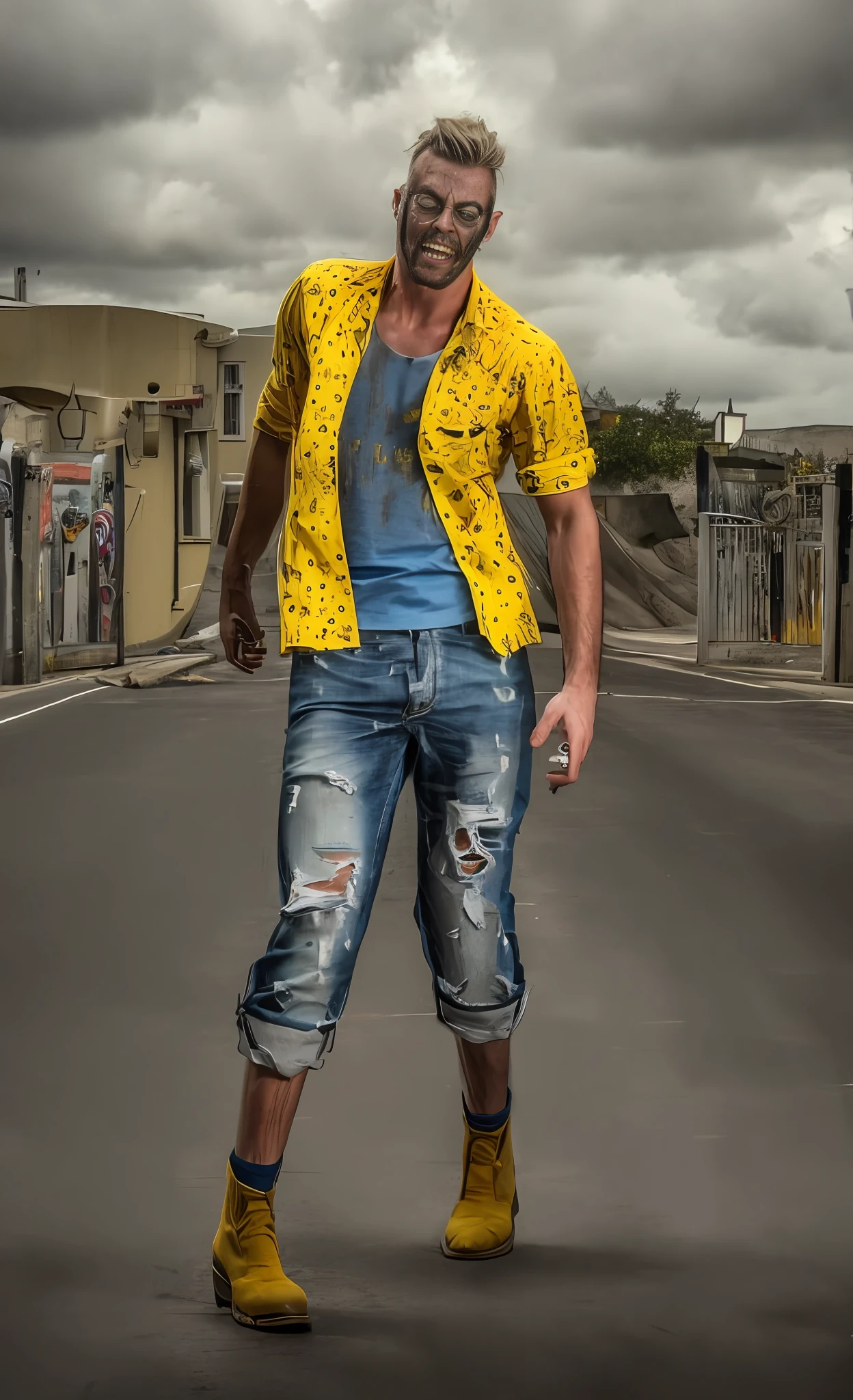 A crazy zombie, yellow shirt, gray vest, blue jeans, pale yellow boots, messy hair, scary face
