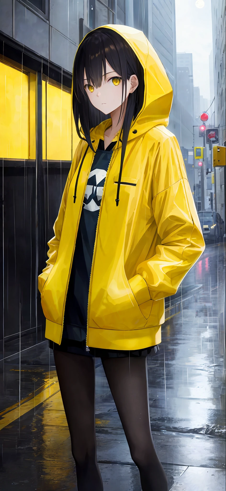 1girl, yellow jacket, it's raining, moon, street, outdoors, hoodie, open jacket, hand pocket, looking at another person, messy long hair, trends on artstation, 8k resolution, very detailed, anatomically correct, clear images, digital painting, concept art, trends on pixiv, Makoto Shinkai style,
