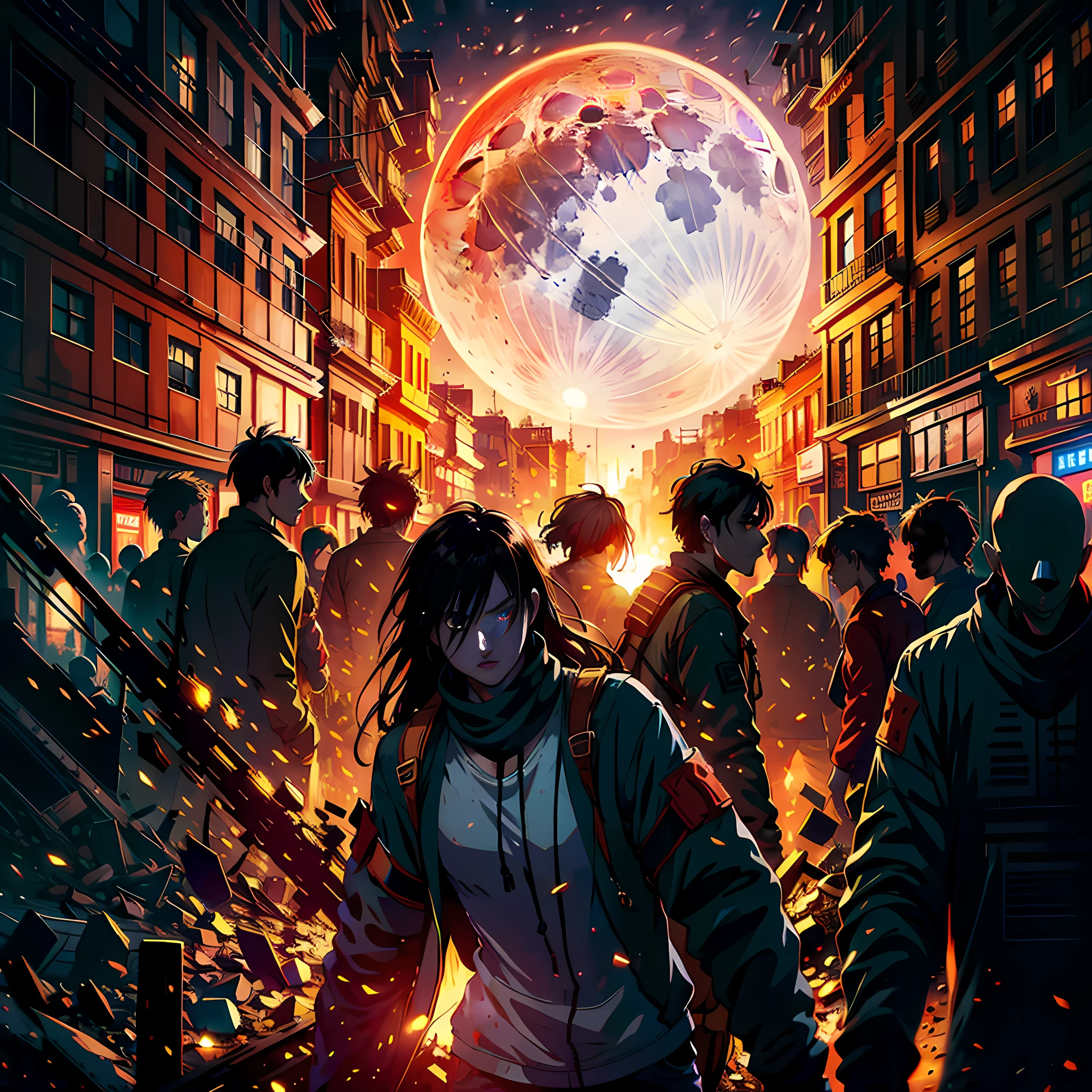Night, on the street, red moon, many people are running away, running, fleeing, panic, vista, no blood, rubble, firelight, ruins, super high detail, high realism, 4K, chiaroscuro, super high detail