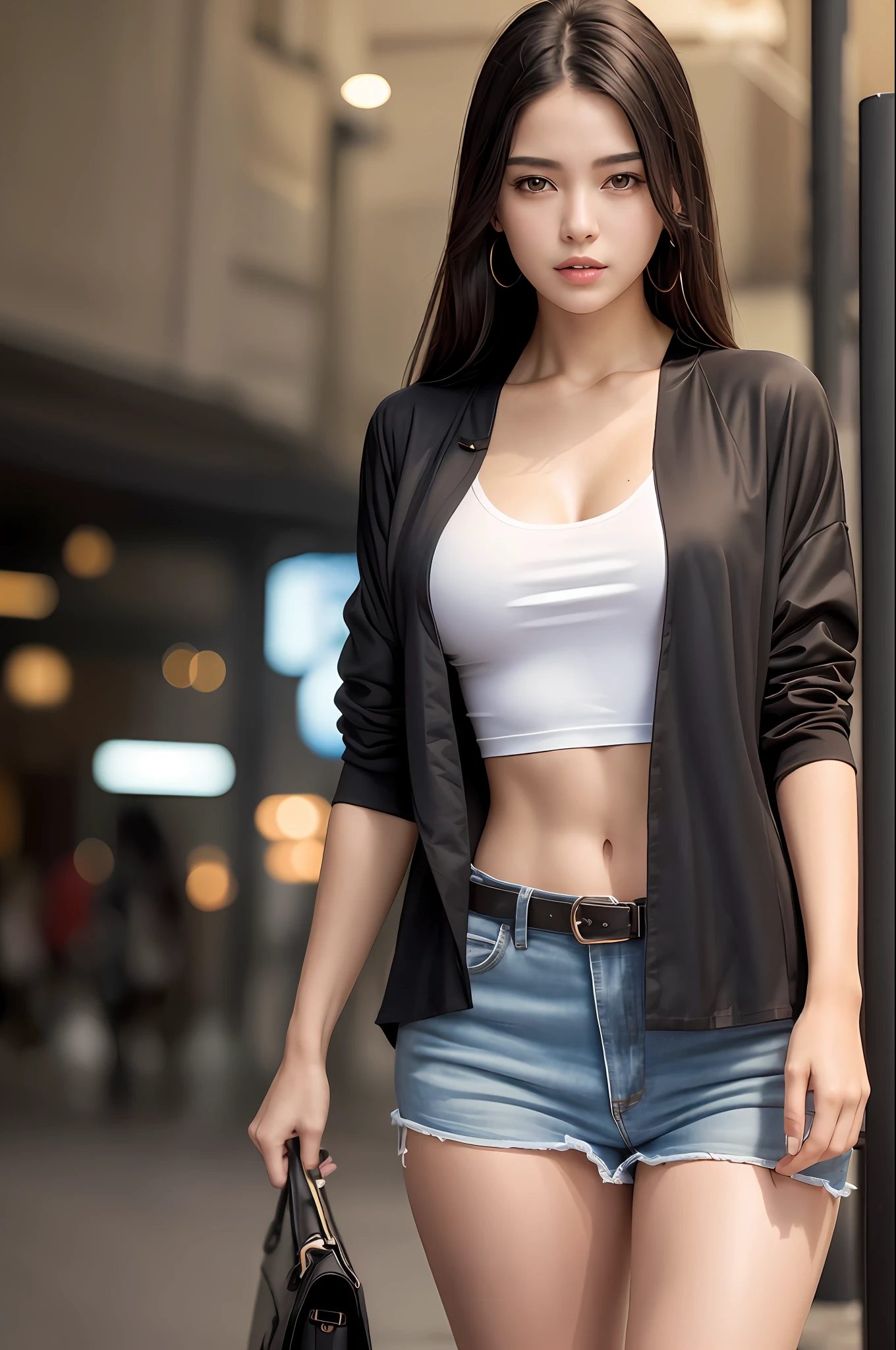 (8k, best quality, masterpiece: 1.2), (realistic, photo-realistic: 1.37), top quality, masterpiece, a beautiful woman, wearing a shirt for women cut v collar top white t-shirt Brazilian fashion women with a tight open black color jacket, beautiful and toned body, neckline in grandmother, floral miniskirt, walk in the suburbs, slightly drizzly night background, in stores with Korean style store lights, nocturnal atmosphere, slightly wet asphalt, seductive smiles with dimples,