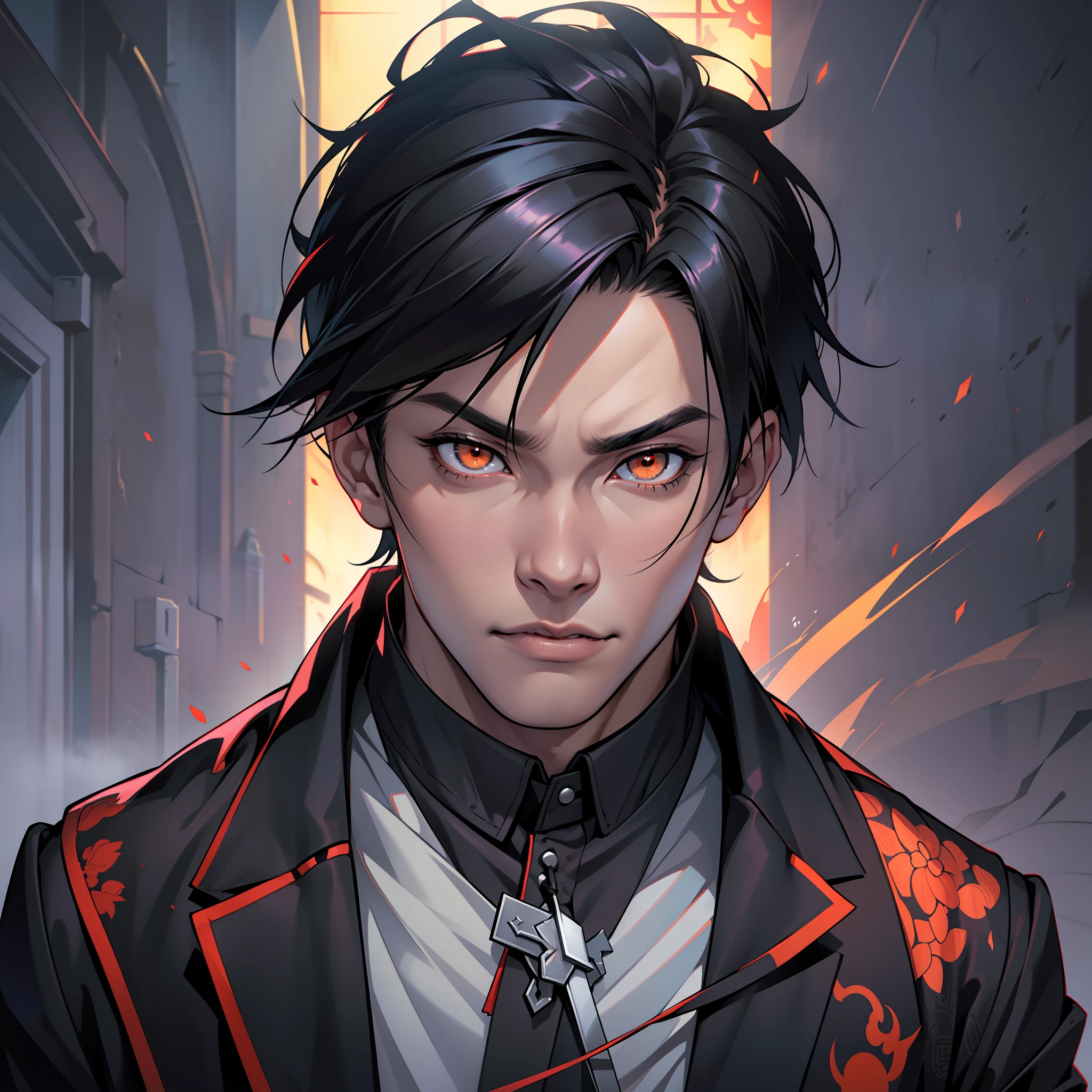 (extremely detailed 8k wallpaper), dark theme, Vampire the Masquerade, modern horror, 2020s, man, (((Asian))), wearing 2020s sorcerer's clothes, sharp focus, (subsurface scattering:1.1), award-winning photography, centered face, realistic photo, ((Harry Shum Jr's face)), ((a Tremere vampire)), half-body shot:1.1, short punk black hair, orange eyes, ((oriental eyes)), ((Chinese eyes)), intellectual expression, arcane chapel interior with tomes and things of modern magic, dramatic lighting
