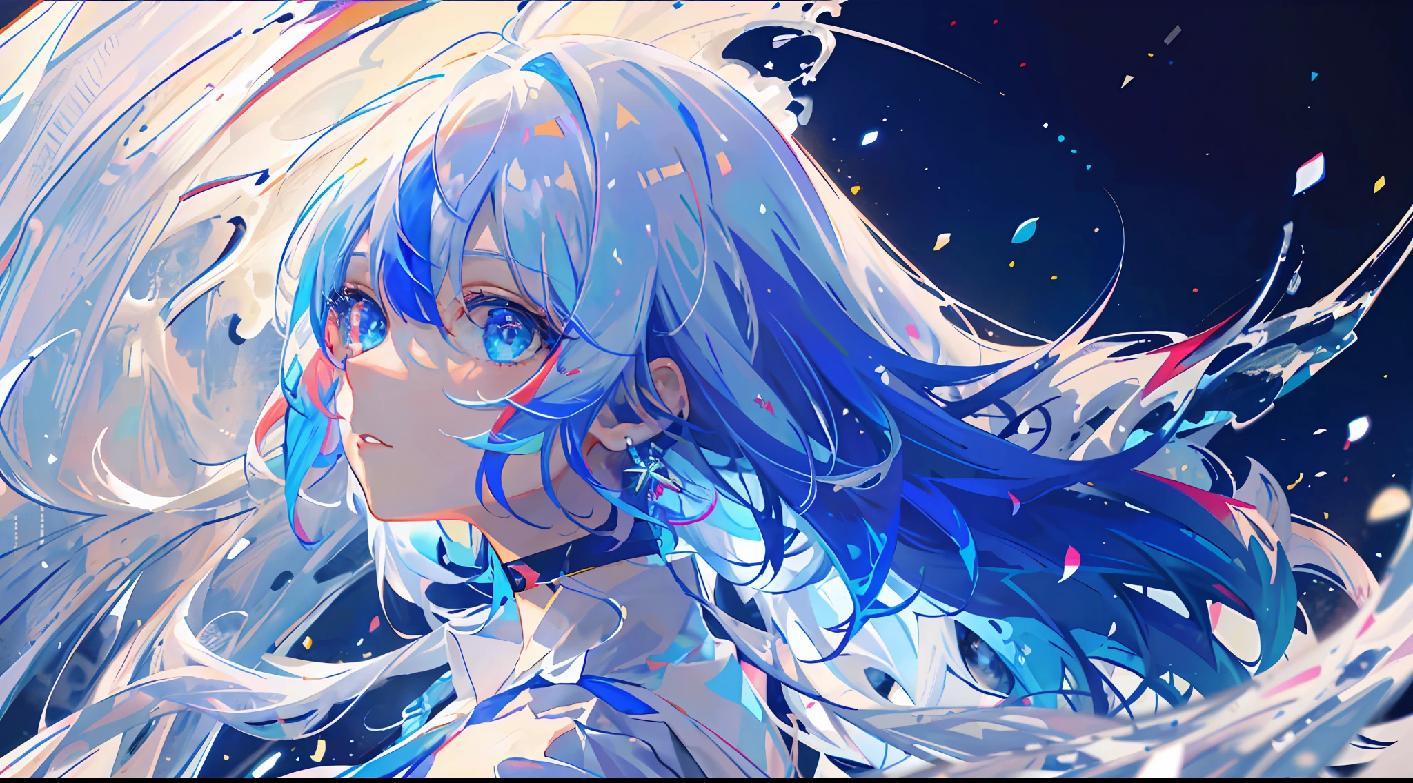 8k wallpaper, masterpiece,Cinematic Lighting, best quality,Illustration,dramatic angle, ((colorful:1.1)), ((colored inner hair:1.4)),
1girl, solo, long hair, water, blue eyes, choker, parted lips, white choker, liquid hair, white hair, bangs, from side, profile, upper body, blue hair, simple background, grey background, bare shoulders, portrait, looking at viewer, white dress, hair between eyes, multicolored hair, white background,earrings,