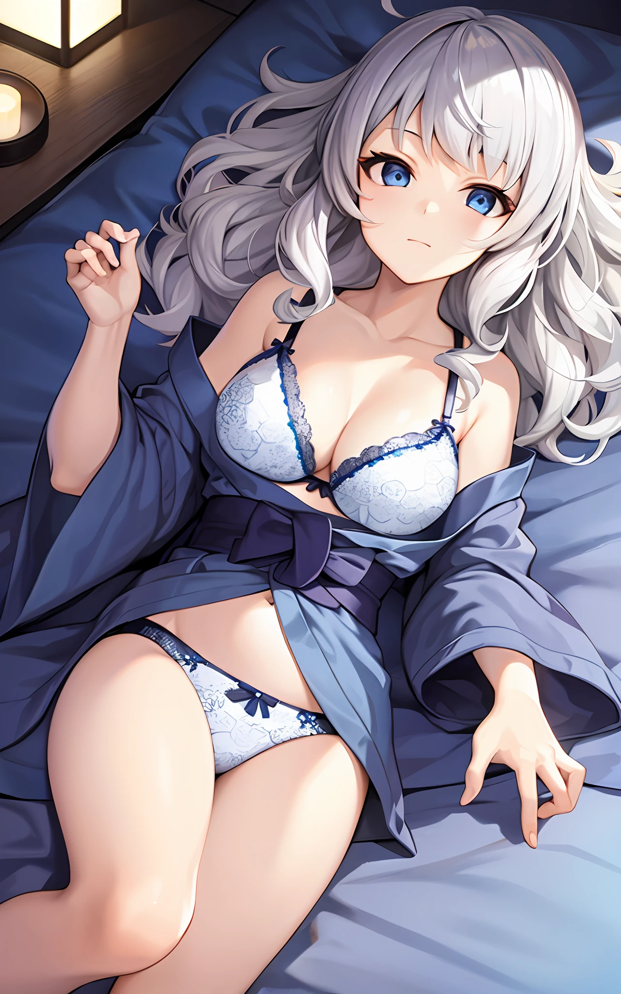 girl, solo, summer festival, silver hair, blue eyes, wavy hair, yukata, lying on bed at night, yukata top fluttering and bra visible