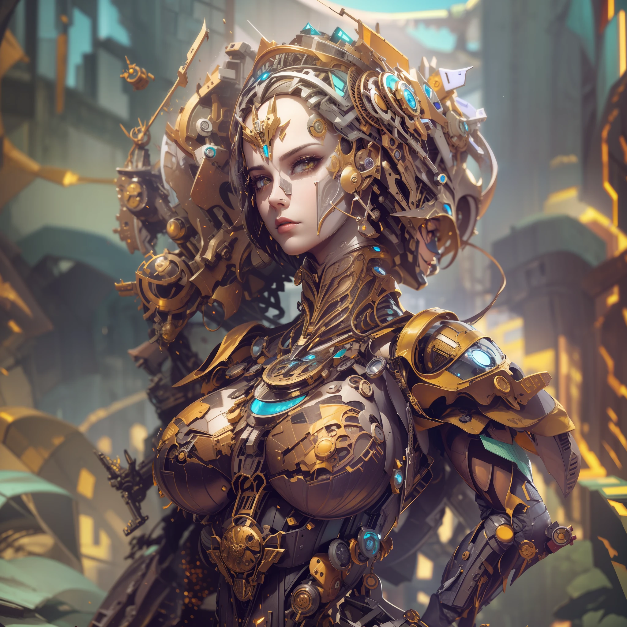woman, sexy, short black hair, sexy pose, half robot, android, (Masterpiece, Superior Quality, Best, Official Art, Beautiful and Aesthetic, Long Exposure: 1.2), Front Portrait, Charming Patterns, Scenery destroyed buildings, chaotic, steampunk, cyberpunk, destroyed cars, detailed environment, blue fire, cybernetic details, ultra detailed, realistic, best quality, cybernetic wing made of robotic parts