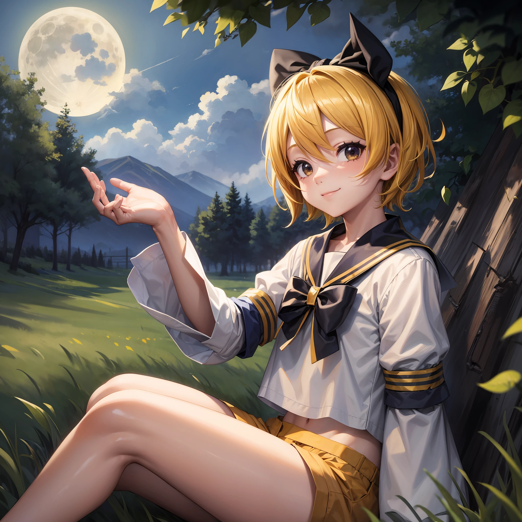 ((Masterpiece)), (Best Quality)), 1 Boy, sailor_collar, Kagamine_Len, Yellow Hair, (8k:0.7), (Details Meadow Background:0.7), (Dusk:0.6), Moon, Smile, Shorts and Sleeves, White Shirt --auto --s2