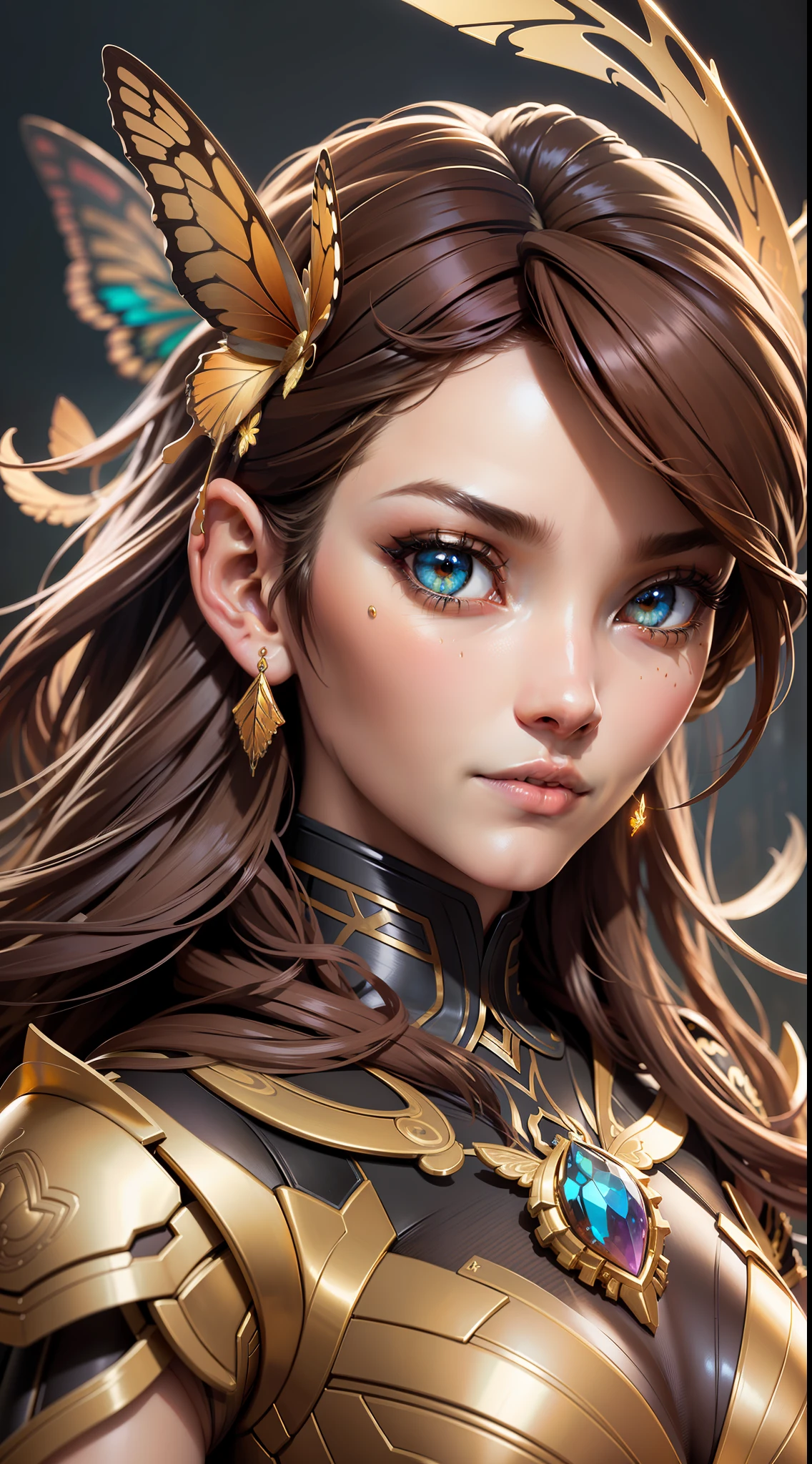 3dmm style,8k portrait of beautiful cyborg with brown hair, intricate, elegant, highly detailed, majestic, digital photography, art by artgerm and ruan jia and greg rutkowski surreal painting gold butterfly filigree, broken glass, (masterpiece, sidelighting, finely detailed beautiful eyes: 1.2), hdr,