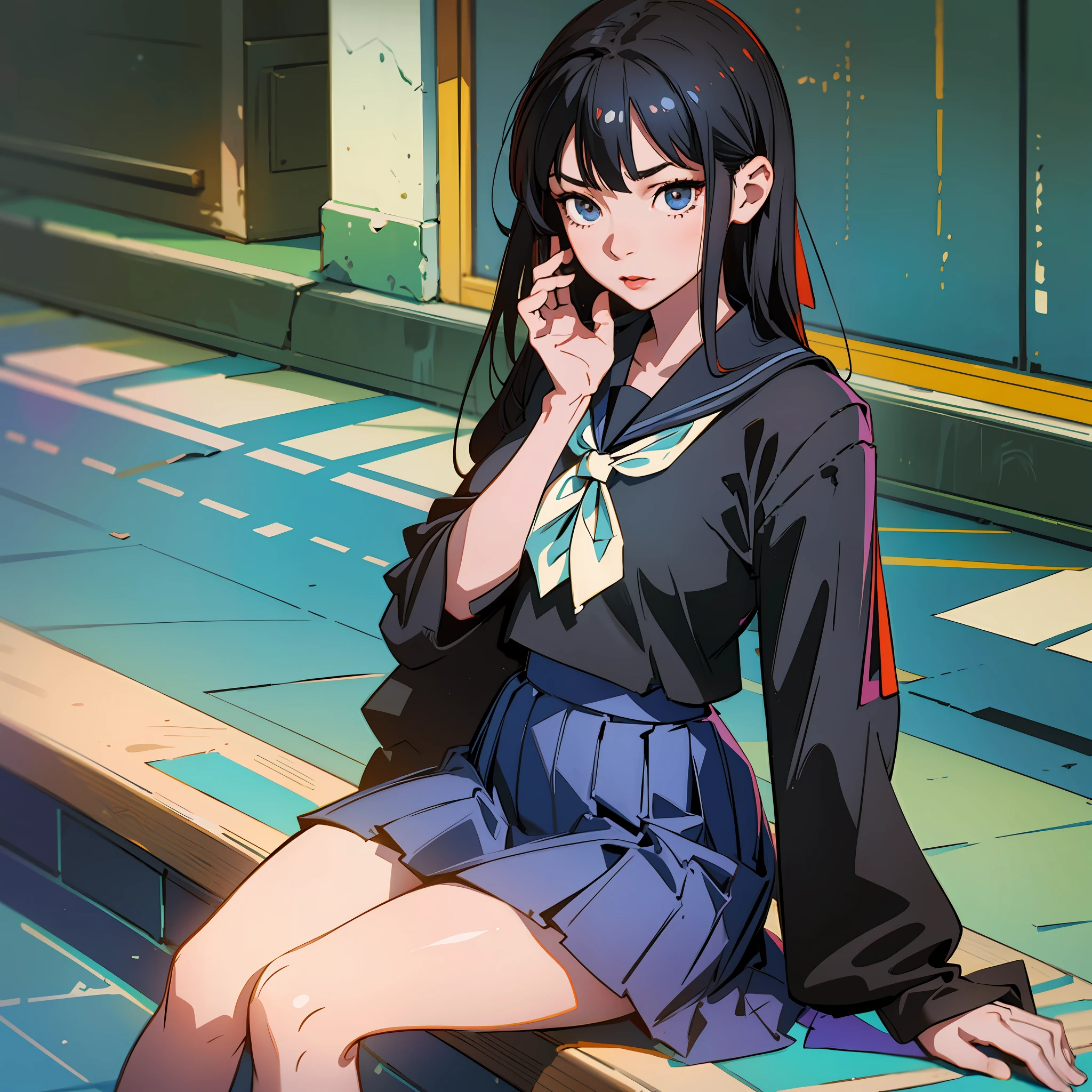 Masterpiece, Top Quality, Ultra High Definition, Russian and Japan Mixed, Colorful, Flat Color, Depth of Field, Lens Flare 1 girl, sitting, black hair, watching viewer, school, schoolyard ground, pleated mini skirt, wearing thin blouse, taking off school uniform, serafuku, black pantyhose, detailed touch, detailed cloth texture, beautiful detailed face, 20 year old beauty, adult atmosphere, exposure --auto --s2