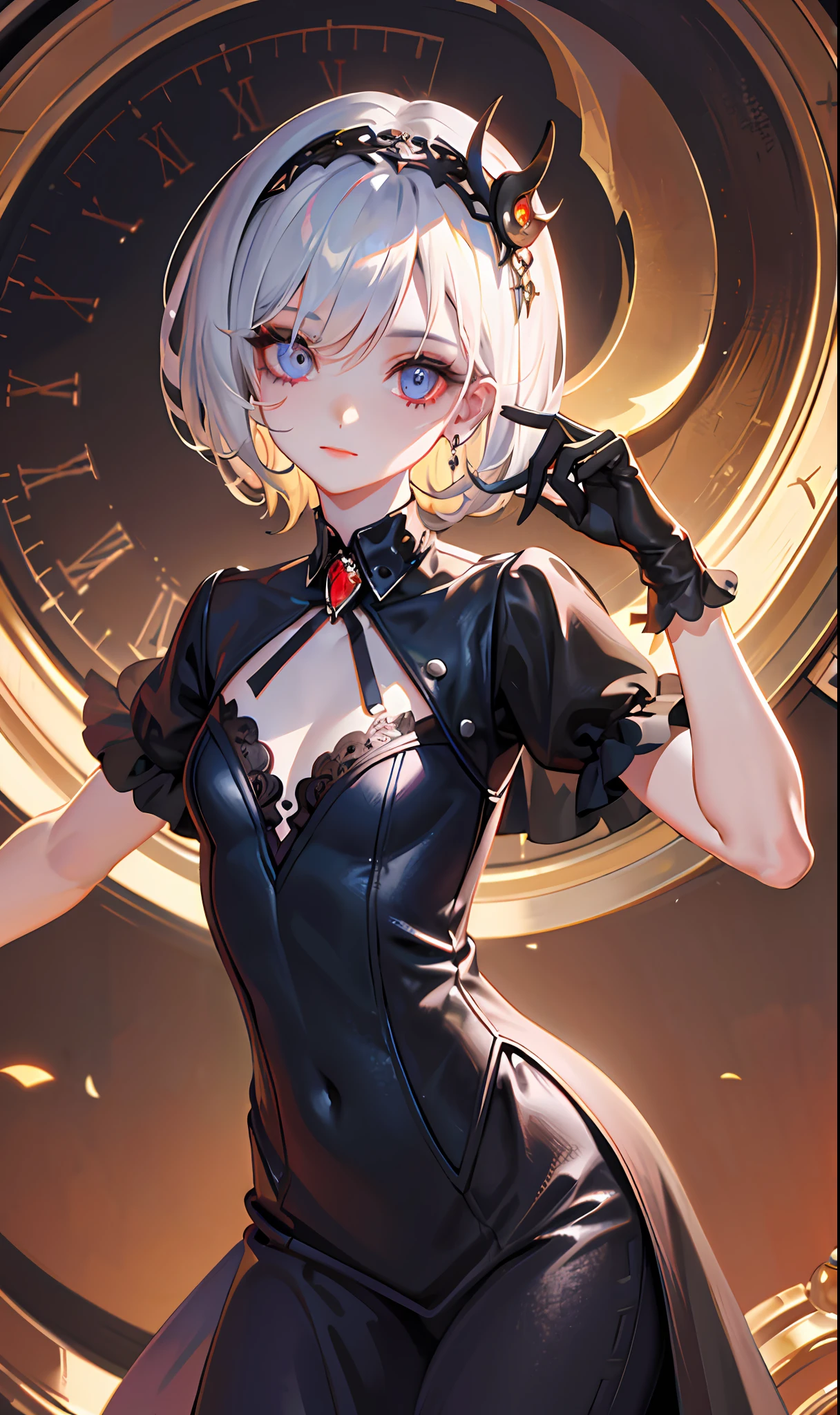 (Masterpiece, Sidelighting, Finely Detailed Beautiful Eyes: 1.2), (Masterpiece*Portrait), Portrait, (Bust), Realistic, 3D Face, Lusious Skin, ((Solo)), (Close-up of Face), (Only a Fire Opal-like Eye), (Girl with Only One Eye), Hanging Eye Corner, ((high detail skin, visible pores)), (perfect body), a beautiful steampunk girl, small breasts, ((gothic style dress)), (neck ring), (short gloves as short as half a palm)