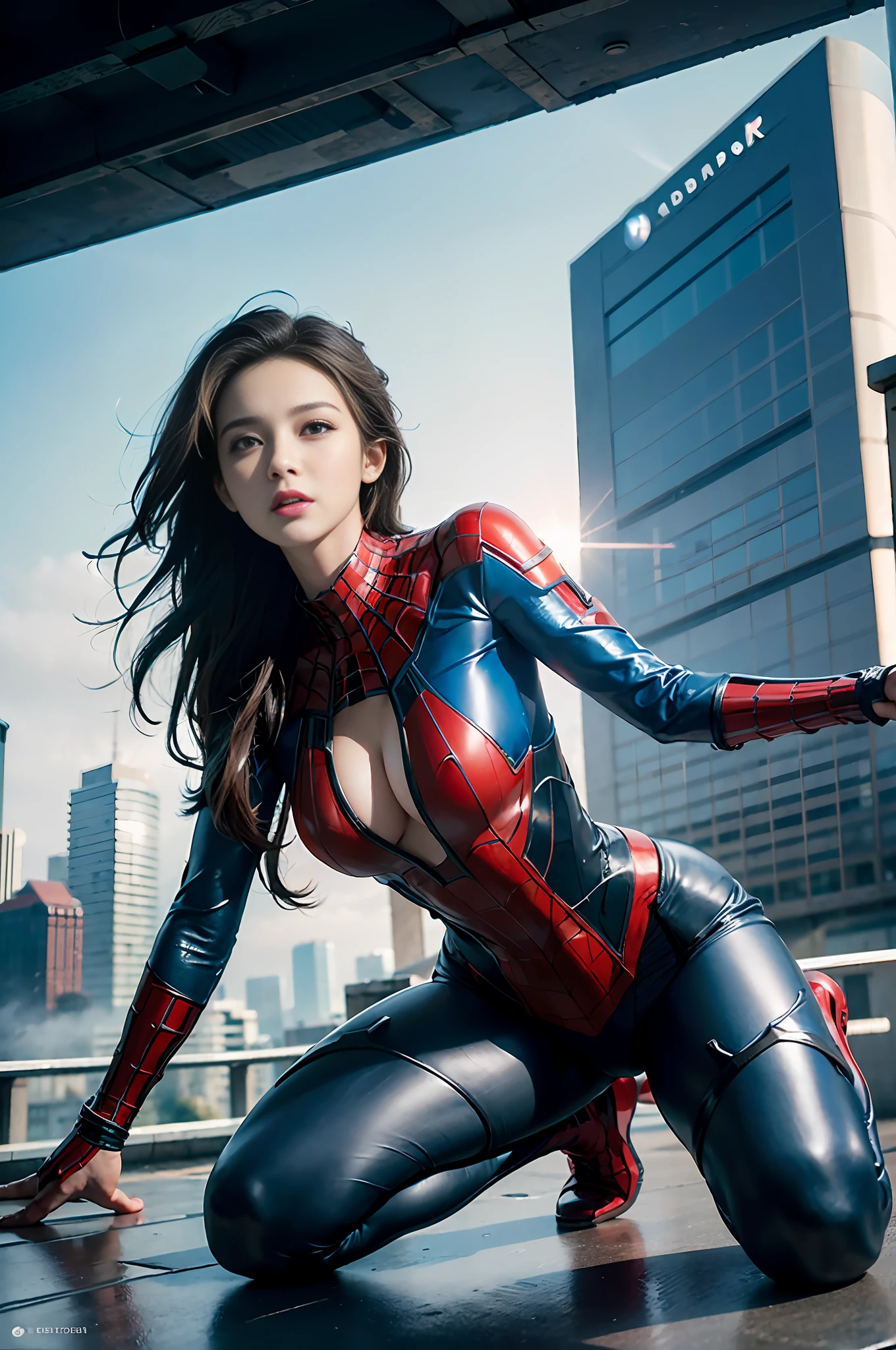 RAW, Masterpiece, Super Fine Photo,, Best Quality, Ultra High Resolution, Photorealistic, Sunlight, Full Body Portrait, Stunningly Beautiful, Dynamic Poses, Delicate Face, Vibrant Eyes, (Side View) , she is wearing a futuristic Iron Lady Spiderman costume, very detailed background, detailed face, detailed and complex busy background, messy, gorgeous, milky, high detailed skin, realistic skin details, visible pores, sharp focus, Volumetric fog, 8k uhd, dslr, high quality, film grain, fair skin, photorealism, lomography, sprawling metropolis in a futuristic dystopia, view from below, translucent