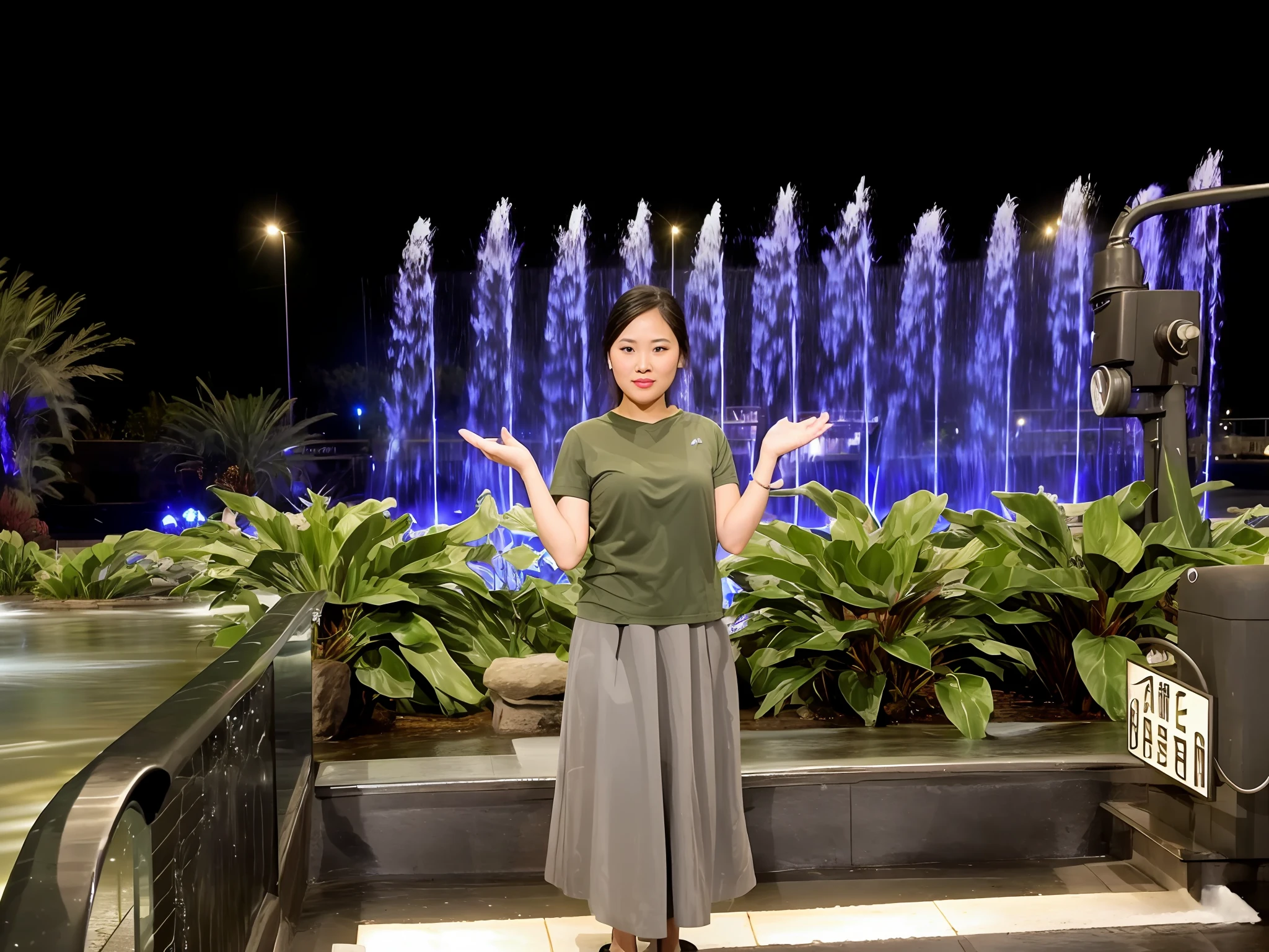 there is a woman standing in front of a fountain with water spewing out, by Cherryl Fountain, waterfalls in the background, waterfall in the background, fountain in the middle, dang my linh, with waterfalls, with a waterfalls, fountain, featuring flowing fountains, beautiful image, photo taken at night, standing in front of a waterfall