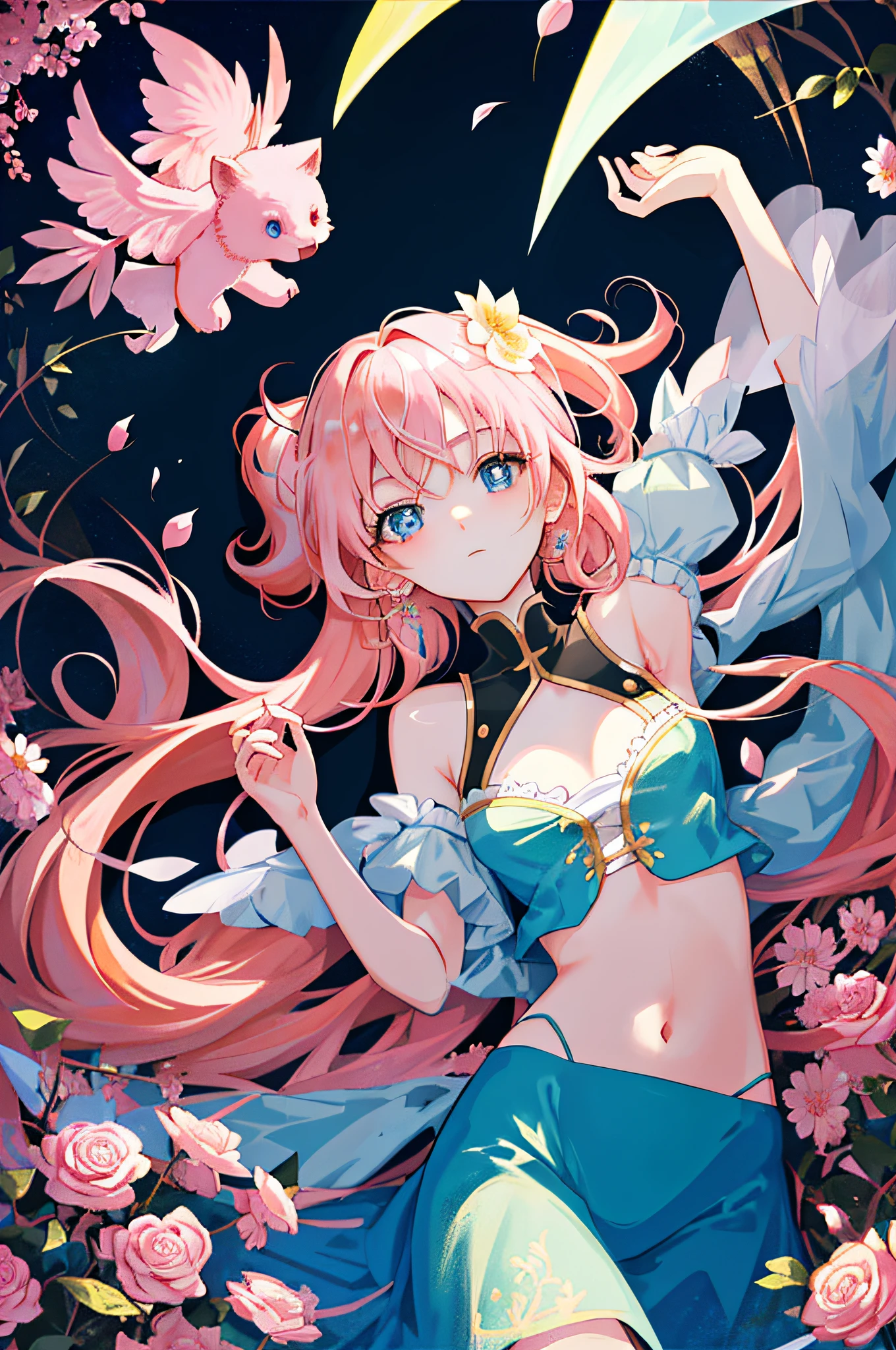 anime, UHD, anatomically correct, textured skin, best quality, masterpiece, superlative, illustrations, an extremely delicate and beautiful girl, 22, charming and delicate face, lively and beautiful eyes, pink hair, blue eyes, double ponytail, slim figure, lying on a flower field, backlight at dusk, messy hair, art book, cityscape, fantasy, bare belly button, bare shoulders, glowing background,