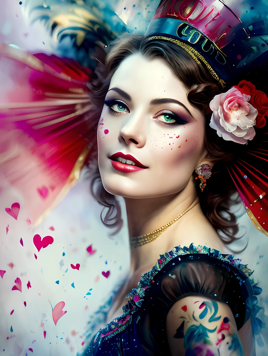 An exotic Moulin Rouge Cancan dancer, detailed and sharp focus on her face, ultra details, hi-res, portrait by Willem Haenraets, watercolor, wet on wet and splattering techniques, centered, perfect composition, abstraction, surrealism, trending on artstation, sharp focus, studio photo, intricate details, highly detailed, by Greg Rutkowski