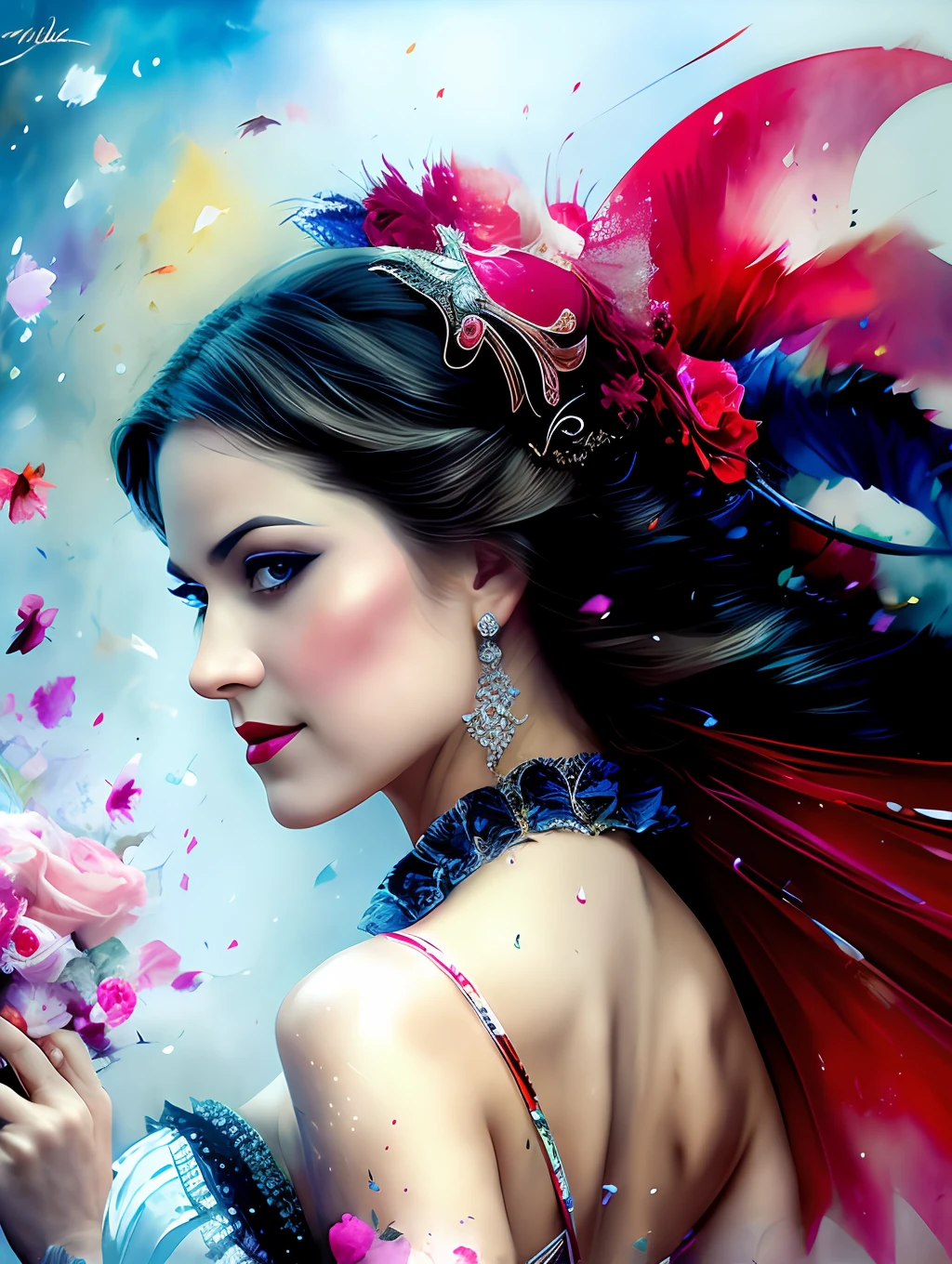 An exotic Moulin Rouge Cancan dancer, detailed and sharp focus on her face, ultra details, hi-res, portrait by Willem Haenraets, watercolor, wet on wet and splattering techniques, centered, perfect composition, abstraction, surrealism, trending on artstation, sharp focus, studio photo, intricate details, highly detailed, by Greg Rutkowski